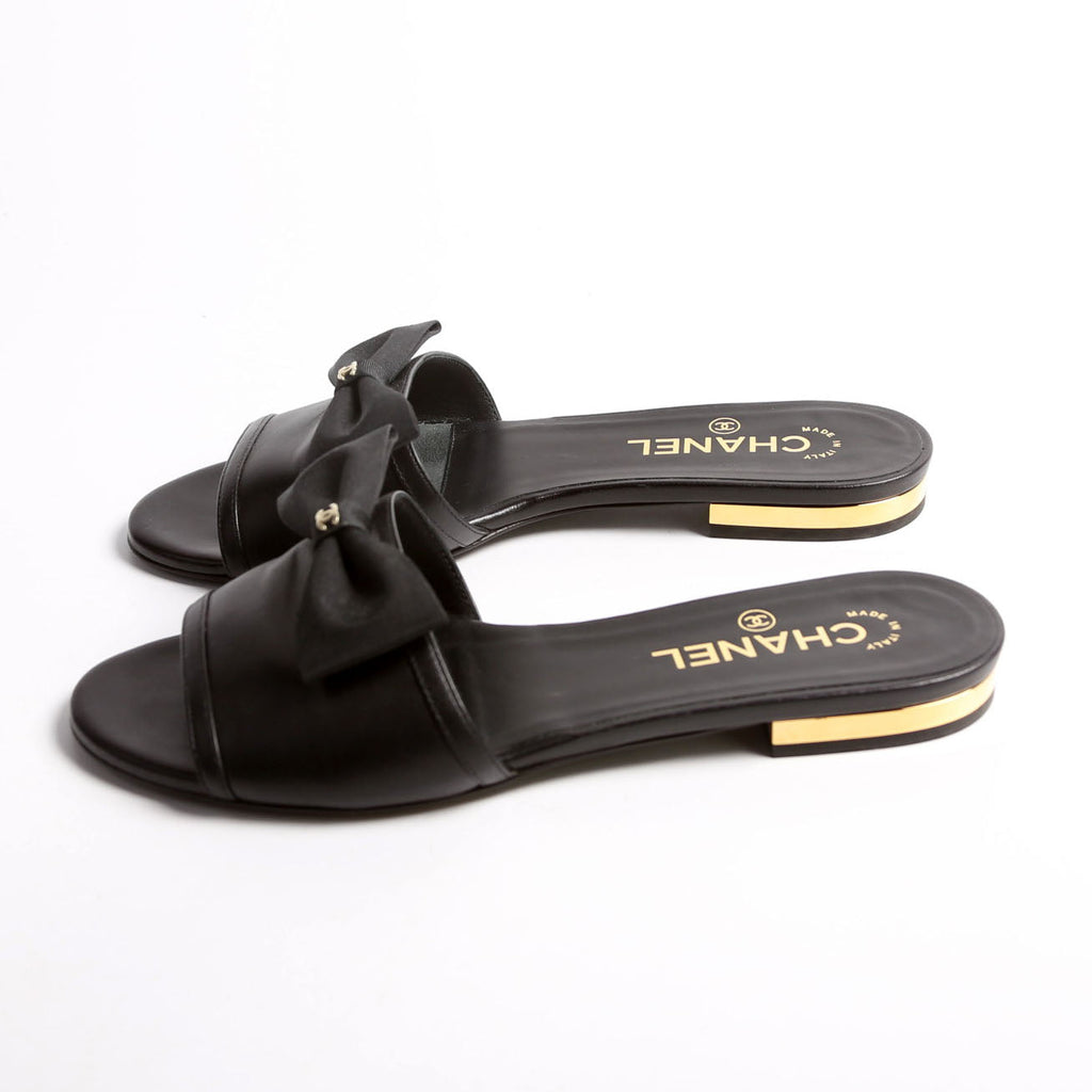 CC Bow Slide Sandals Calfskin Size 37.5 Black