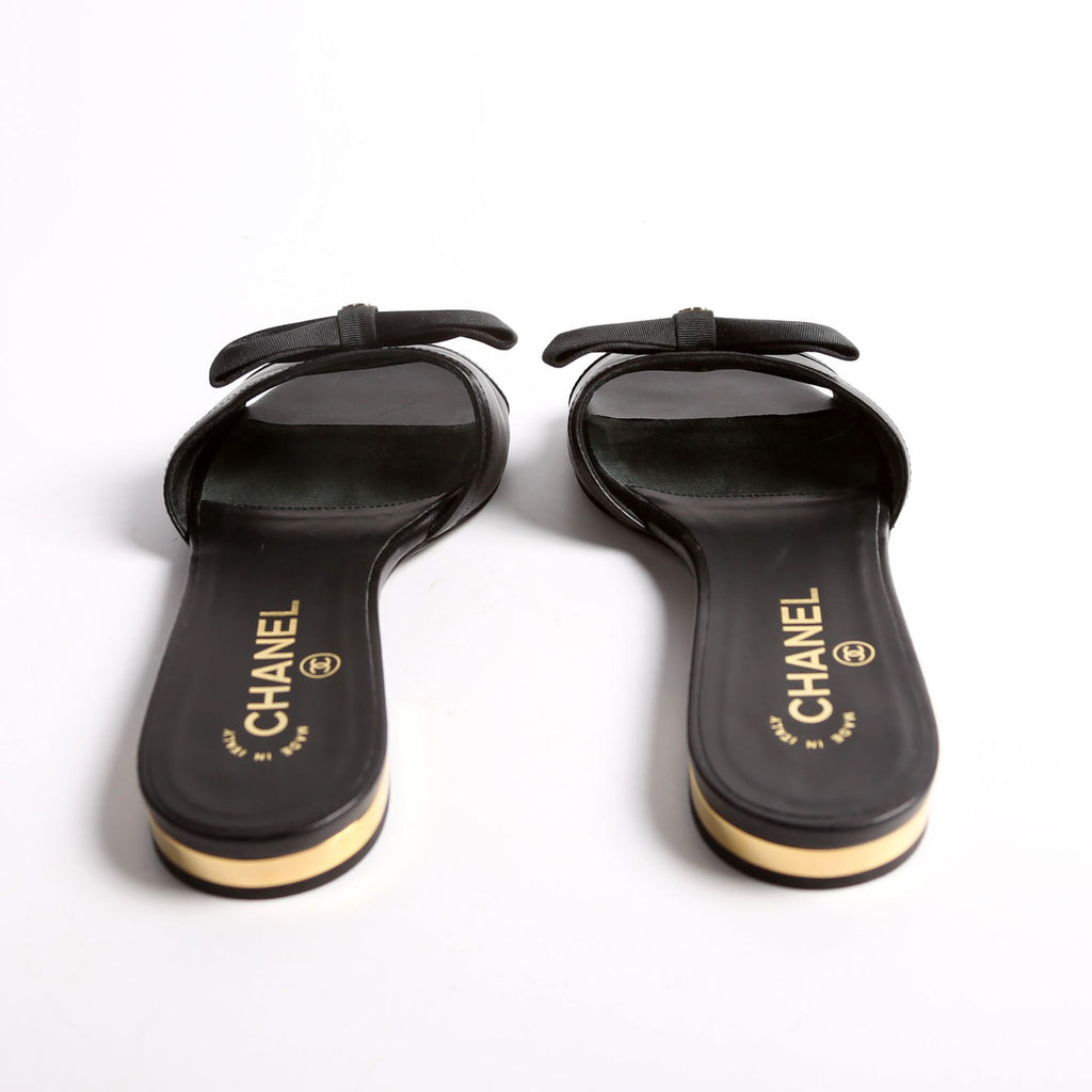 CC Bow Slide Sandals Calfskin Size 37.5 Black