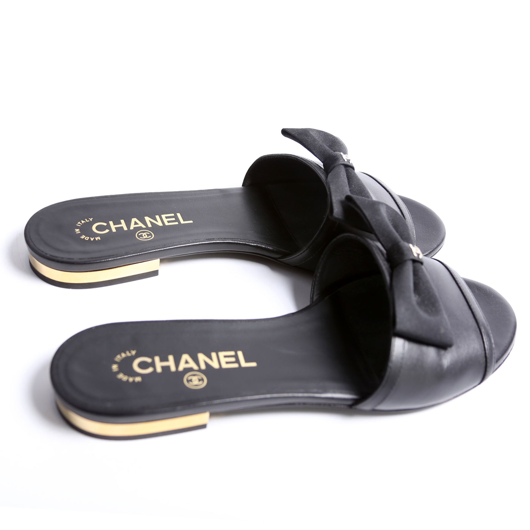 CC Bow Slide Sandals Calfskin Size 37.5 Black