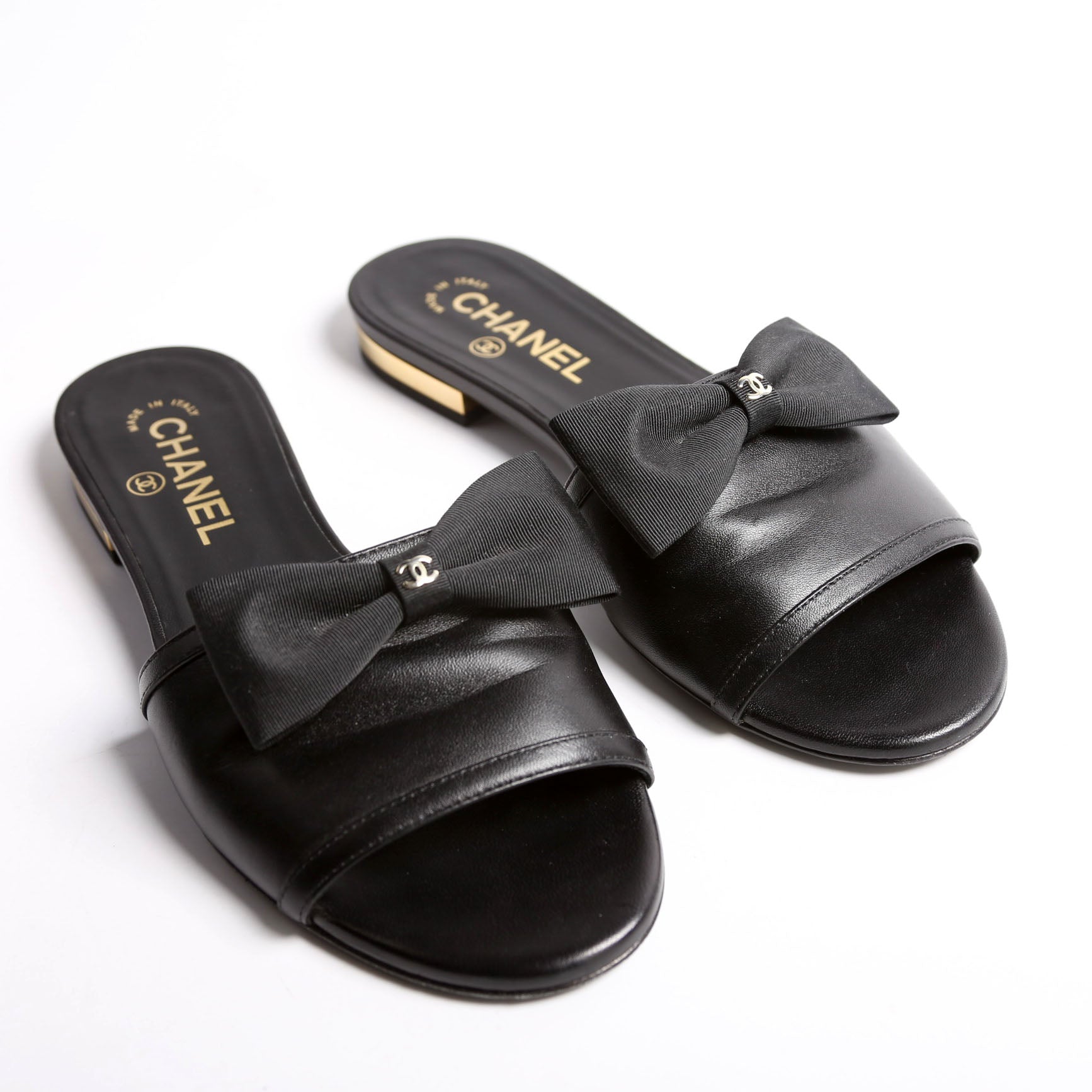 CC Bow Slide Sandals Calfskin Size 37.5 Black