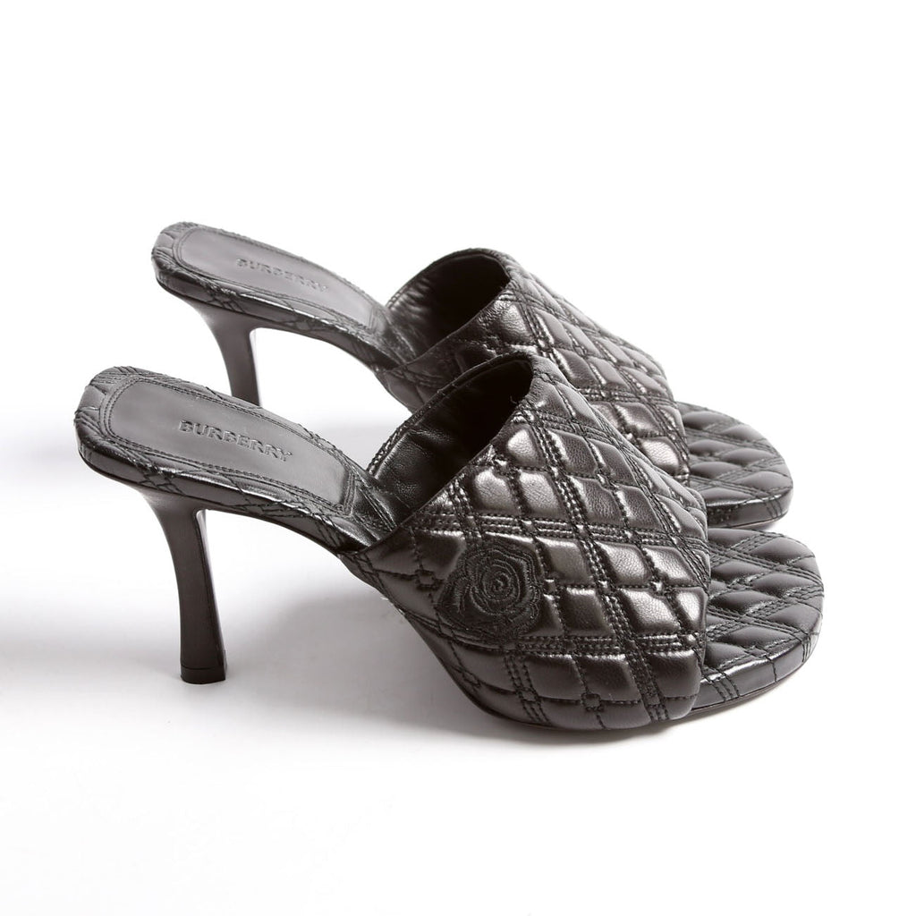 Quilted Rose Embroidered Mules Size 38 Black