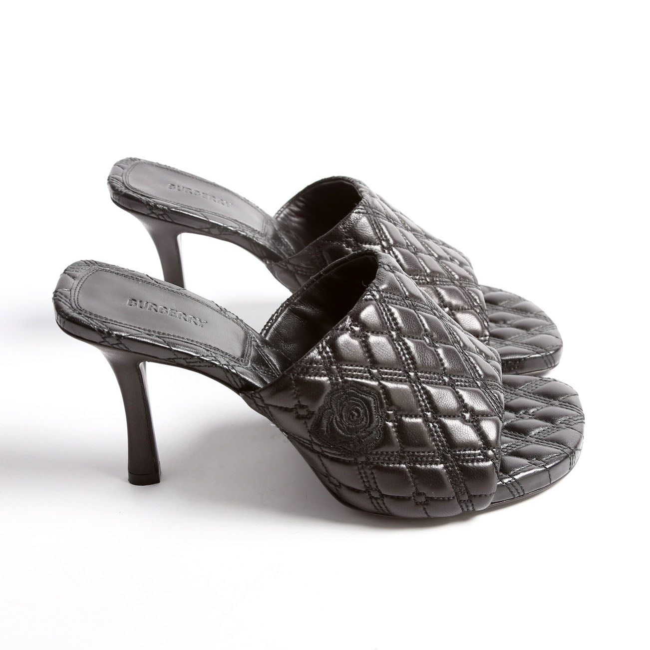 Quilted Rose Embroidered Mules Size 38 Black