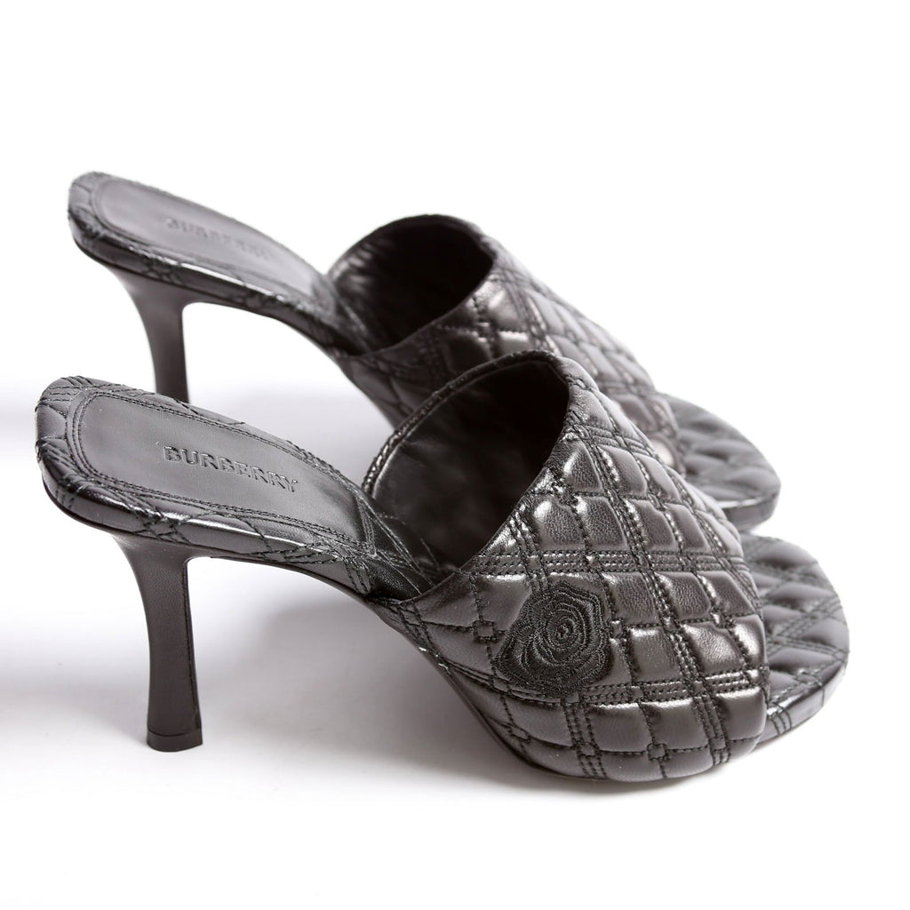 Quilted Rose Embroidered Mules Size 38 Black