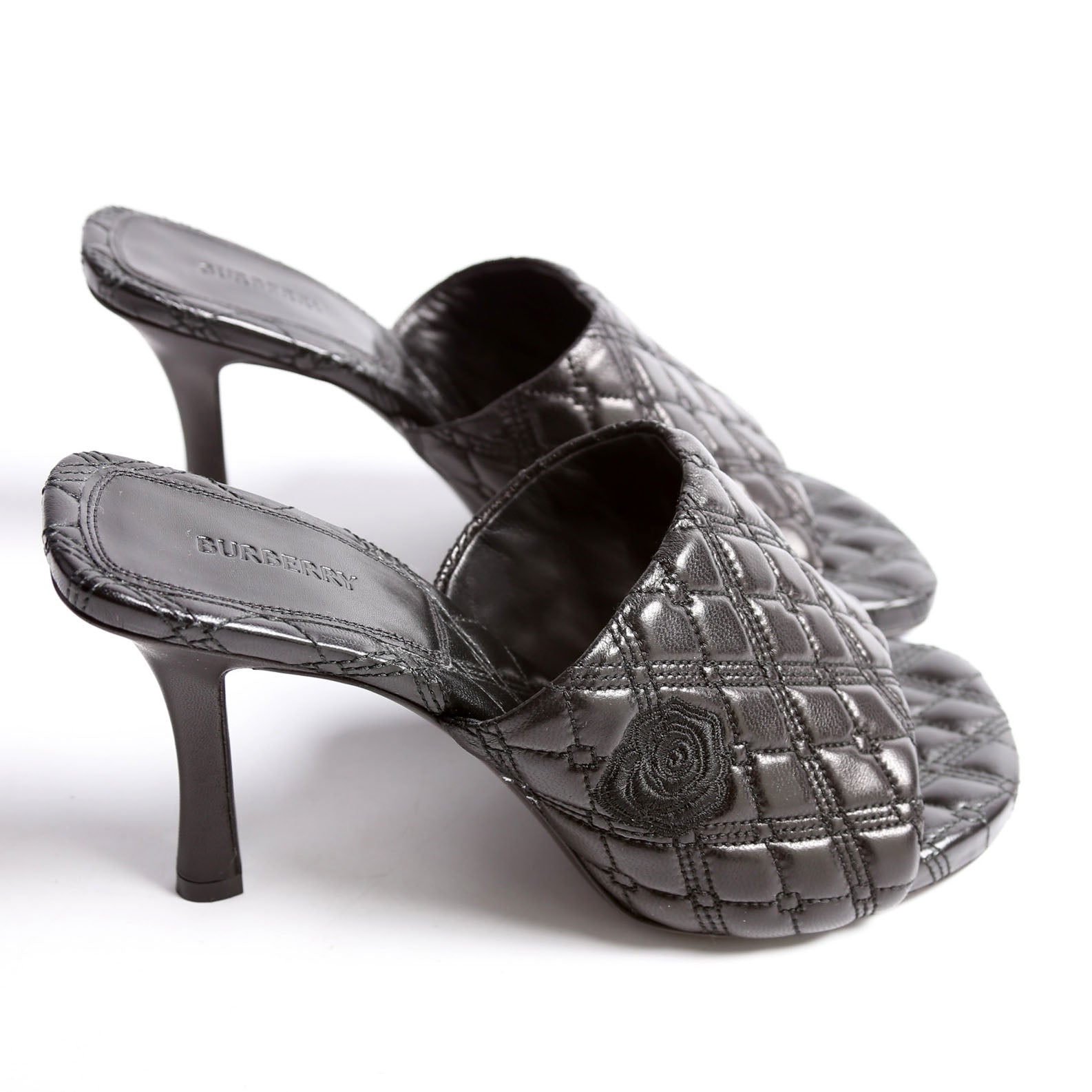 Quilted Rose Embroidered Mules Size 38 Black