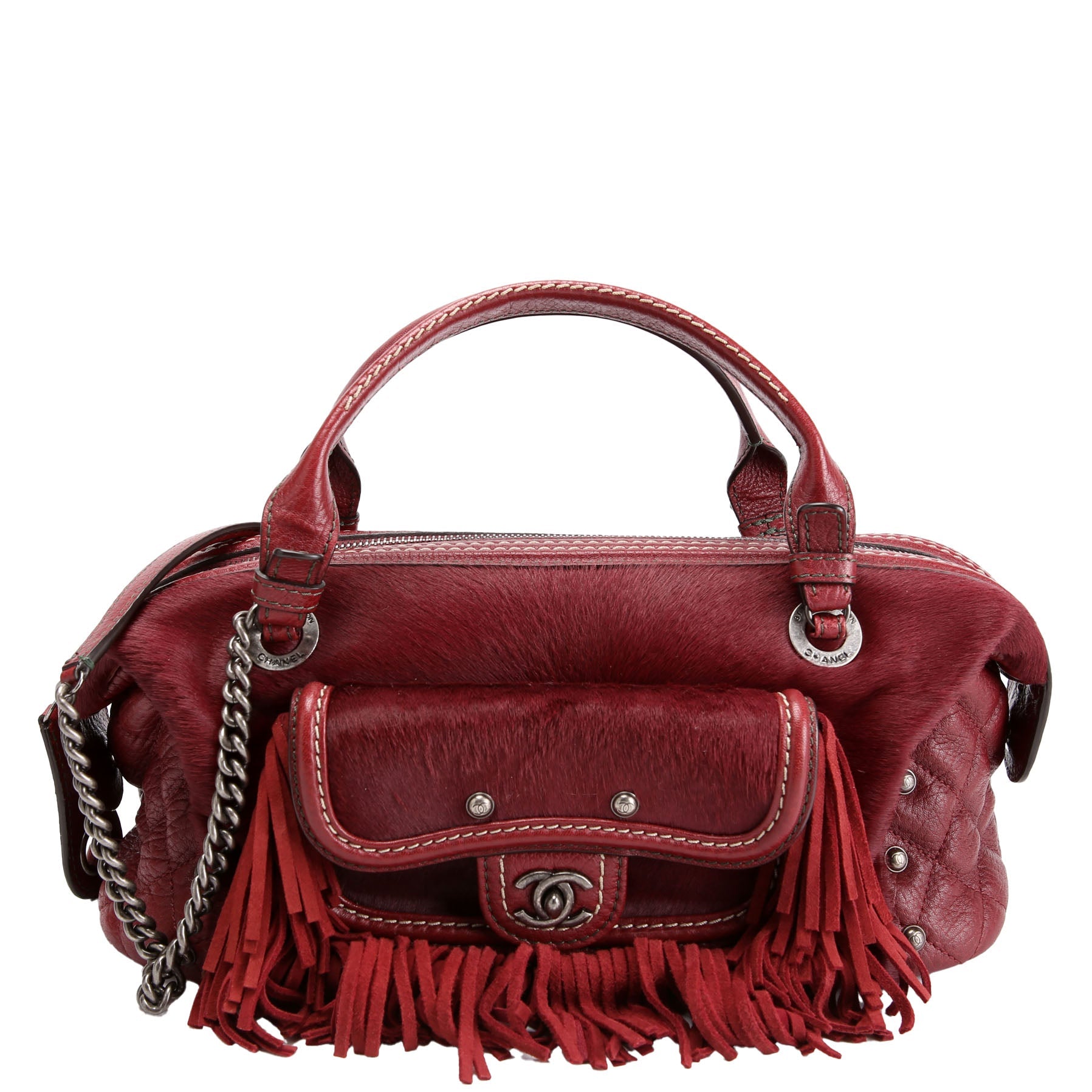 Paris Dallas Pony Hair/Leather Fringe Bowling Bag Burgundy