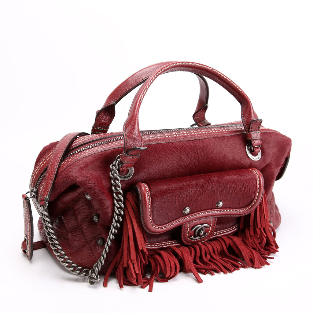 Paris Dallas Pony Hair/Leather Fringe Bowling Bag Burgundy