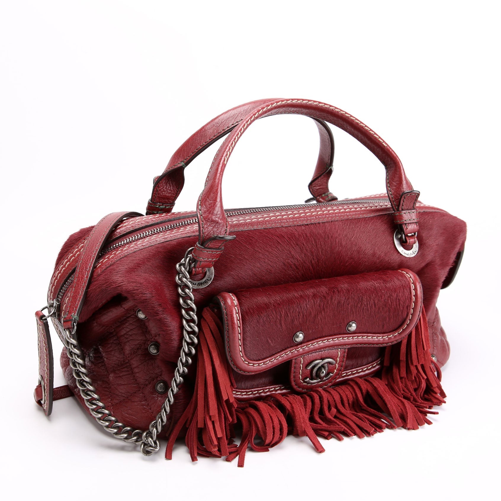 Paris Dallas Pony Hair/Leather Fringe Bowling Bag Burgundy