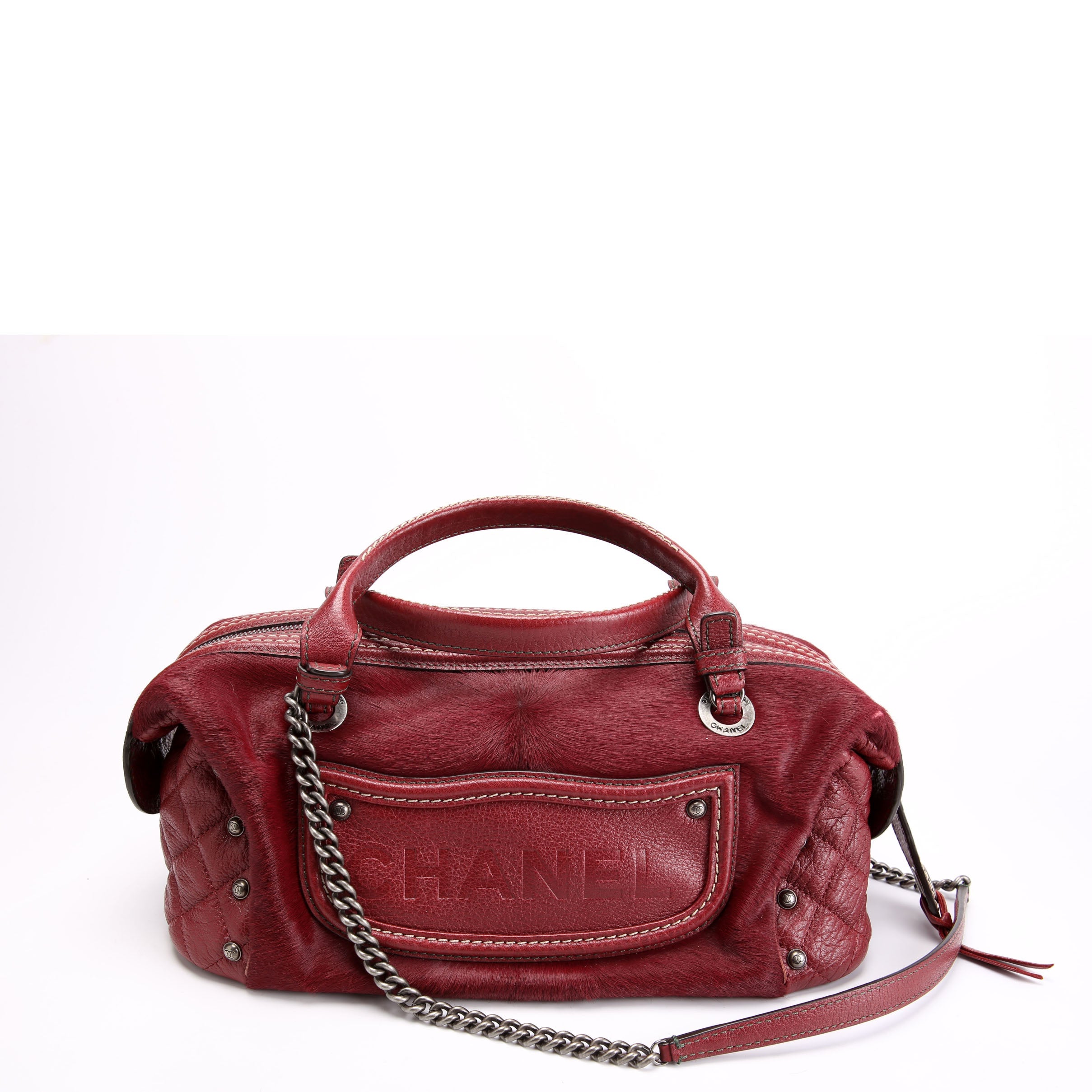 Paris Dallas Pony Hair/Leather Fringe Bowling Bag Burgundy