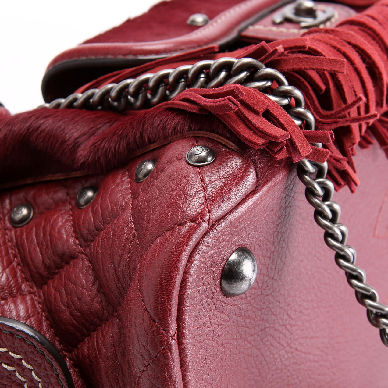 Paris Dallas Pony Hair/Leather Fringe Bowling Bag Burgundy