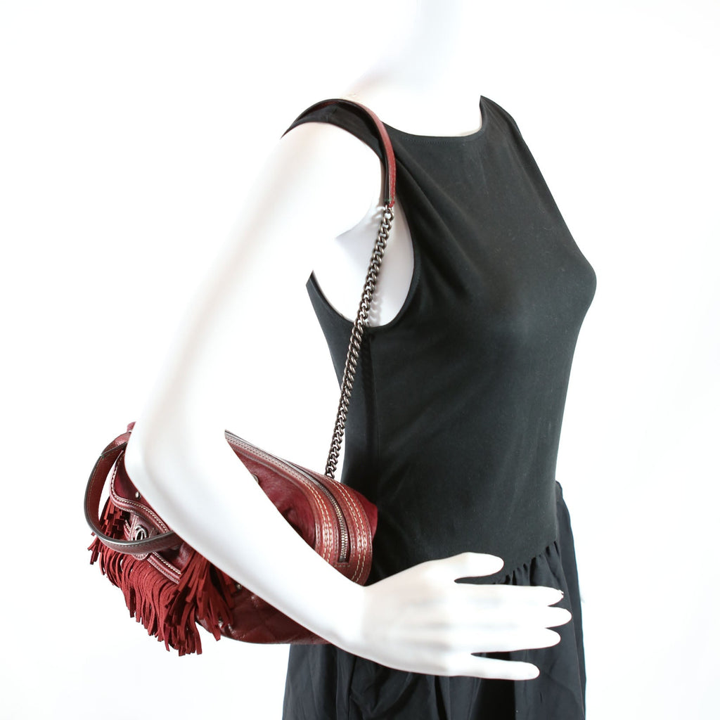 Paris Dallas Pony Hair/Leather Fringe Bowling Bag Burgundy