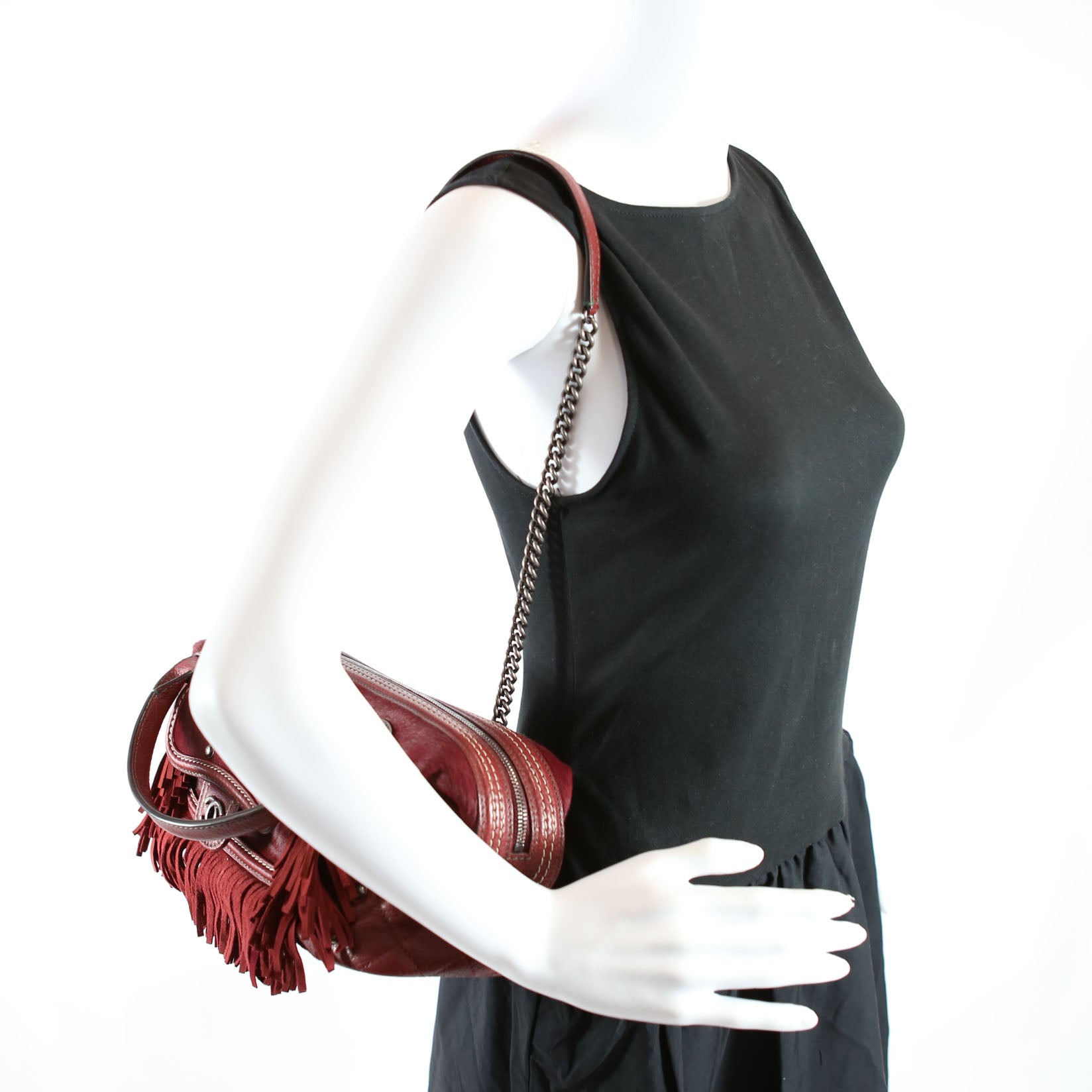 Paris Dallas Pony Hair/Leather Fringe Bowling Bag Burgundy