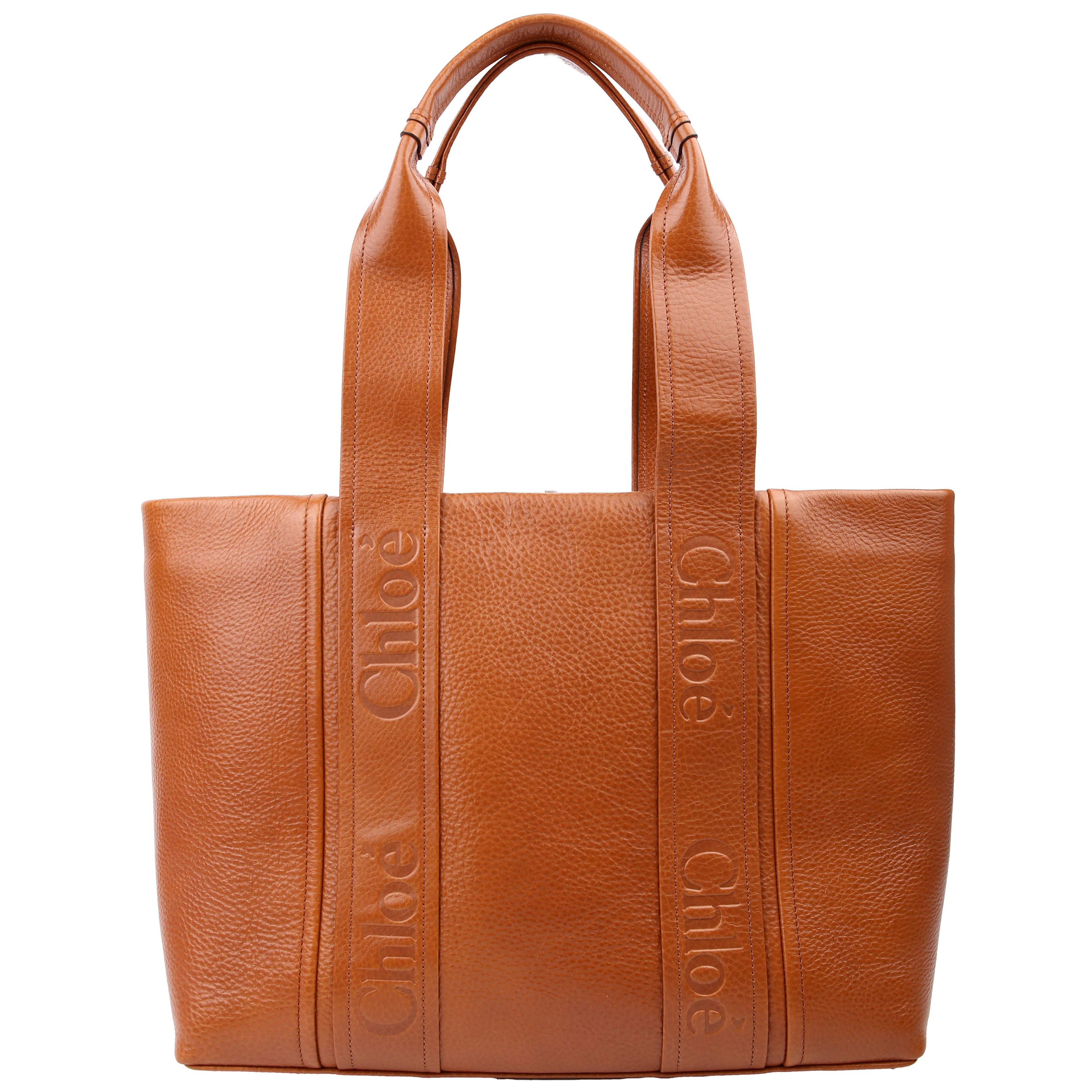 Woody Medium Shiny Grained Leather Tote Brown