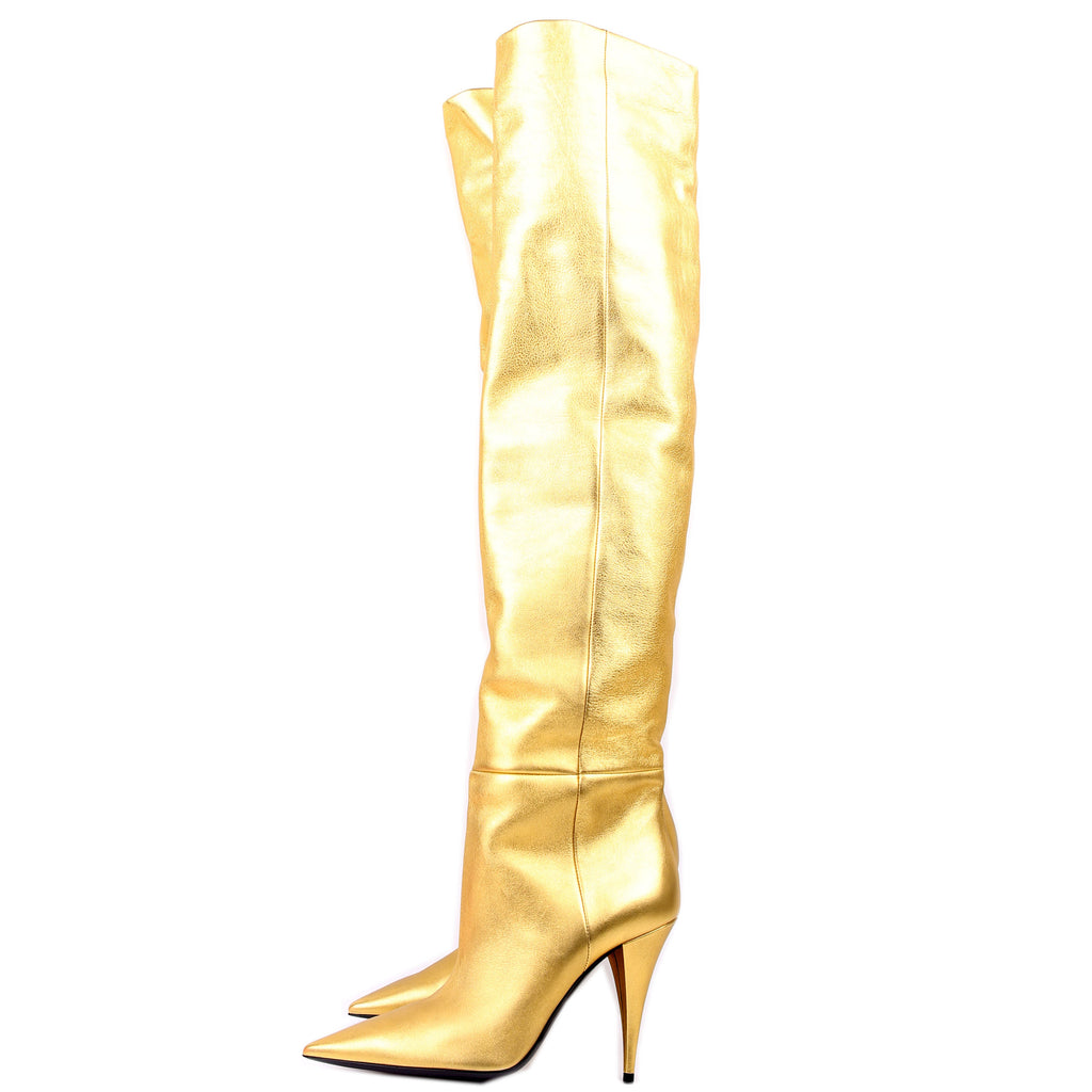 SAINT LAURENT Kiki Over The Knee Boots Size 40 Gold