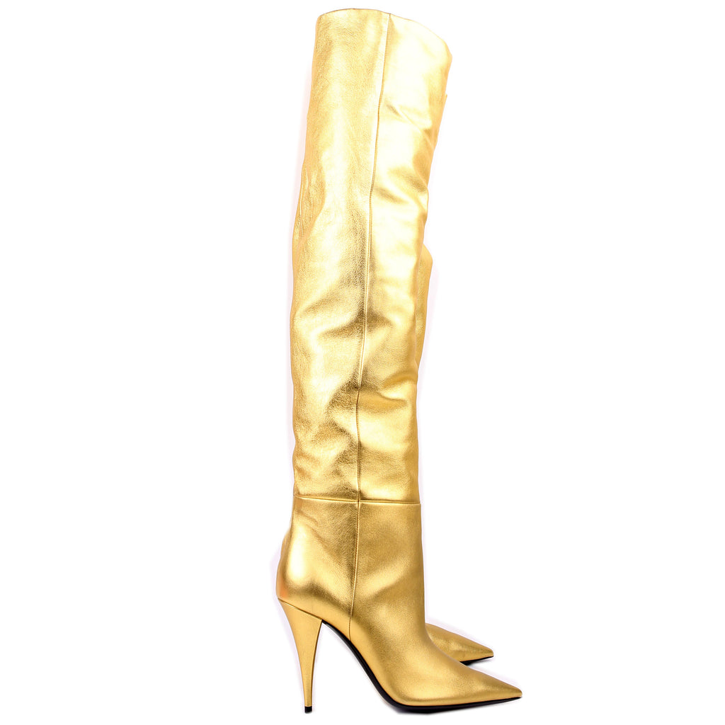 SAINT LAURENT Kiki Over The Knee Boots Size 40 Gold