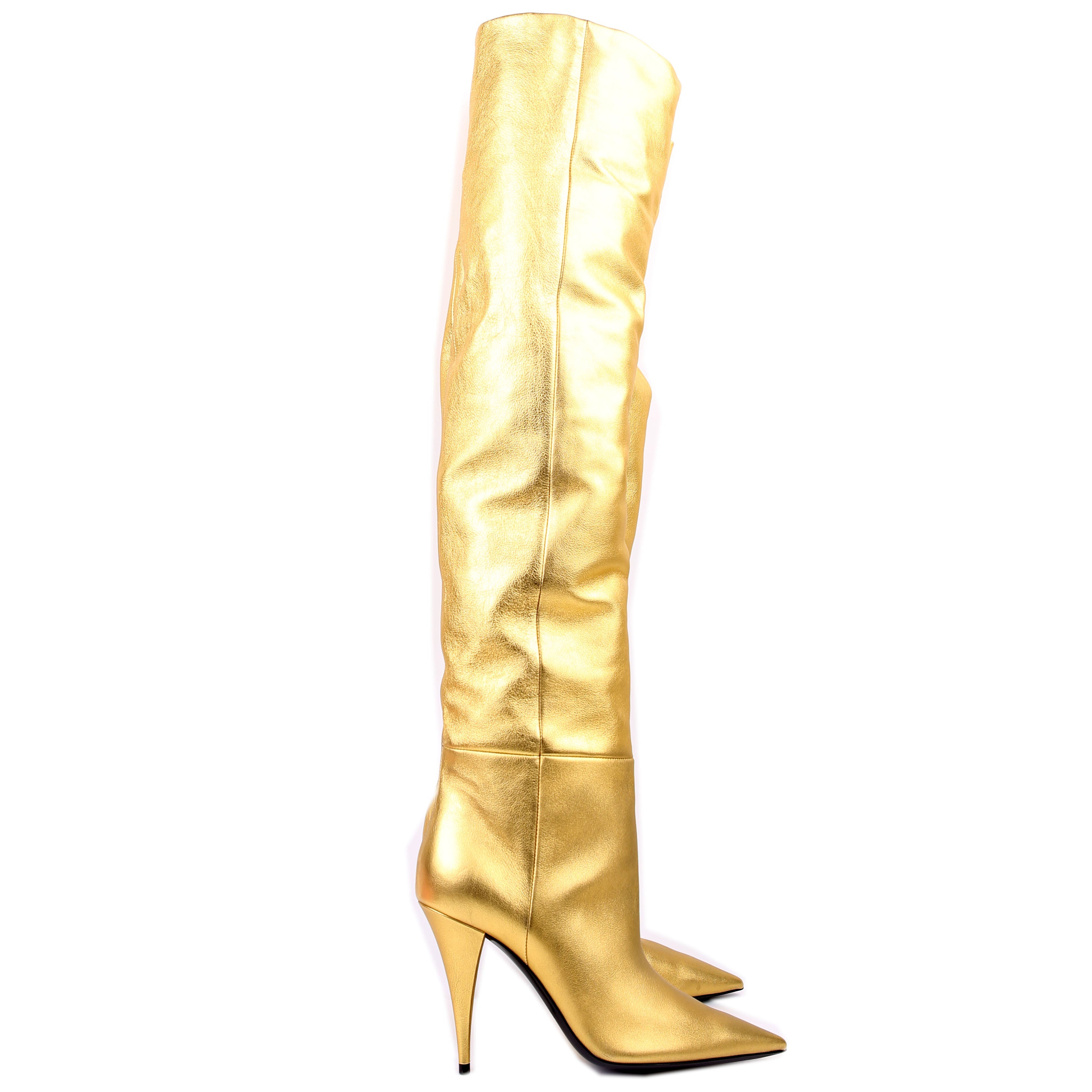 SAINT LAURENT Kiki Over The Knee Boots Size 40 Gold