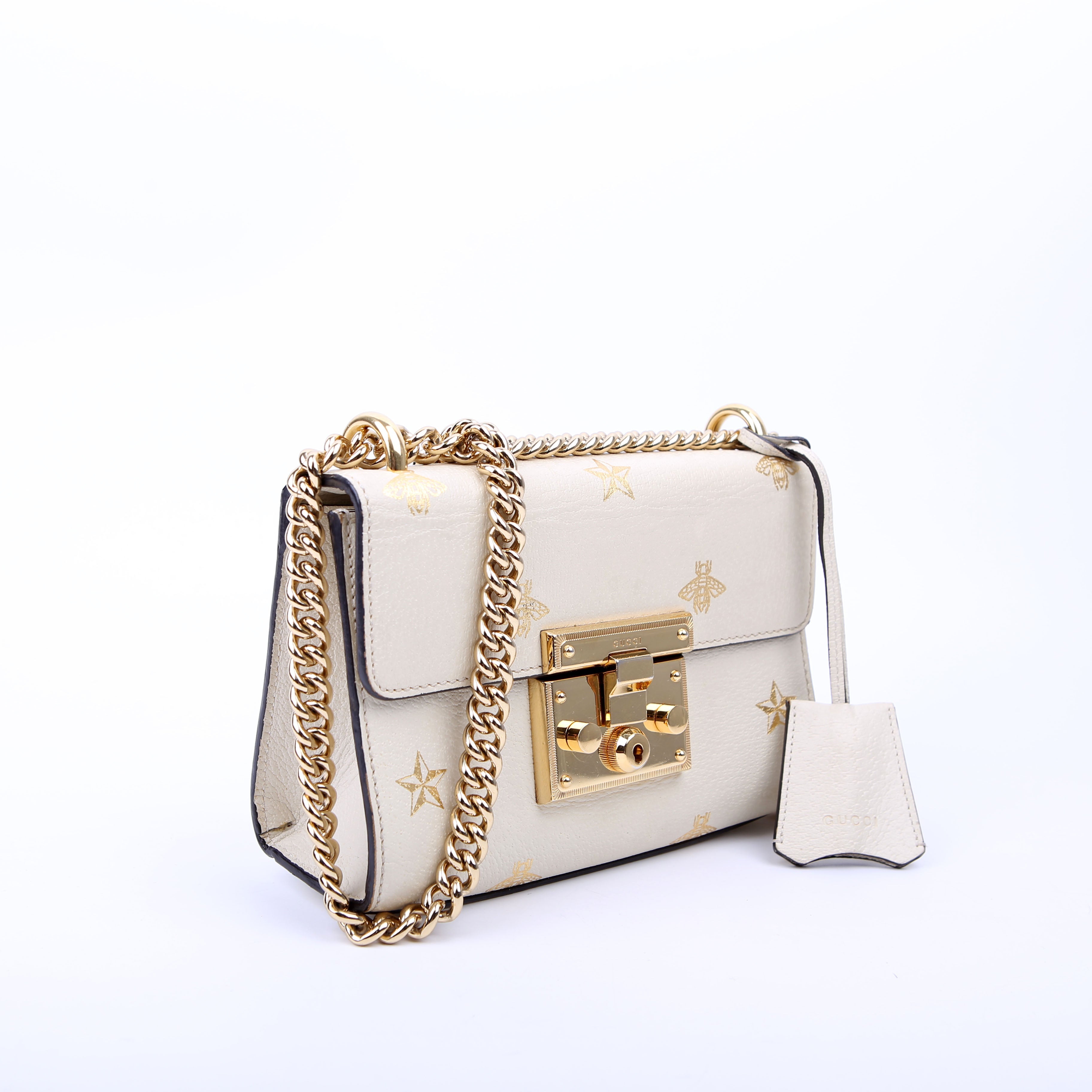 Gucci 432182 Padlock Bee Star Leather Small Cream
