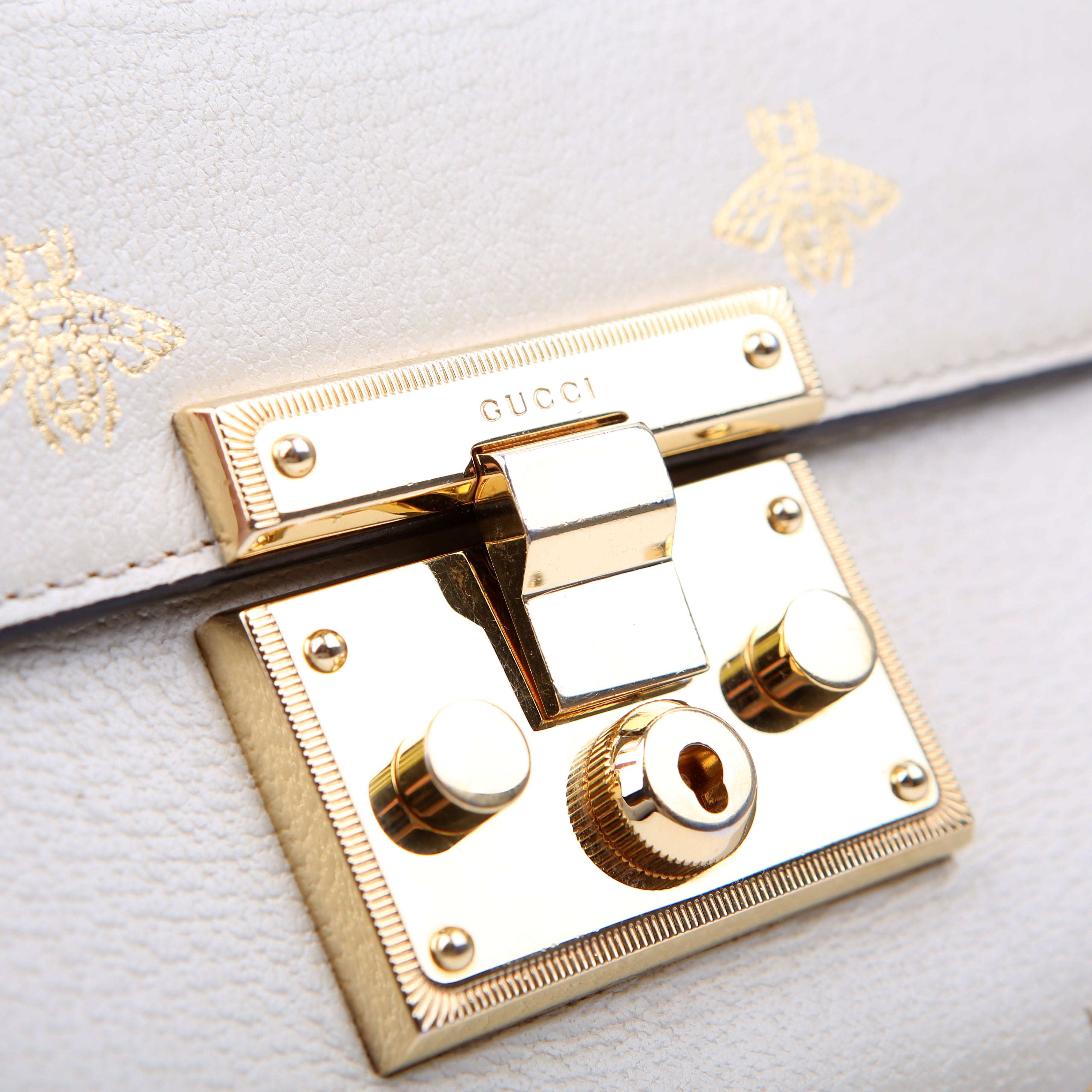 Gucci 432182 Padlock Bee Star Leather Small Cream