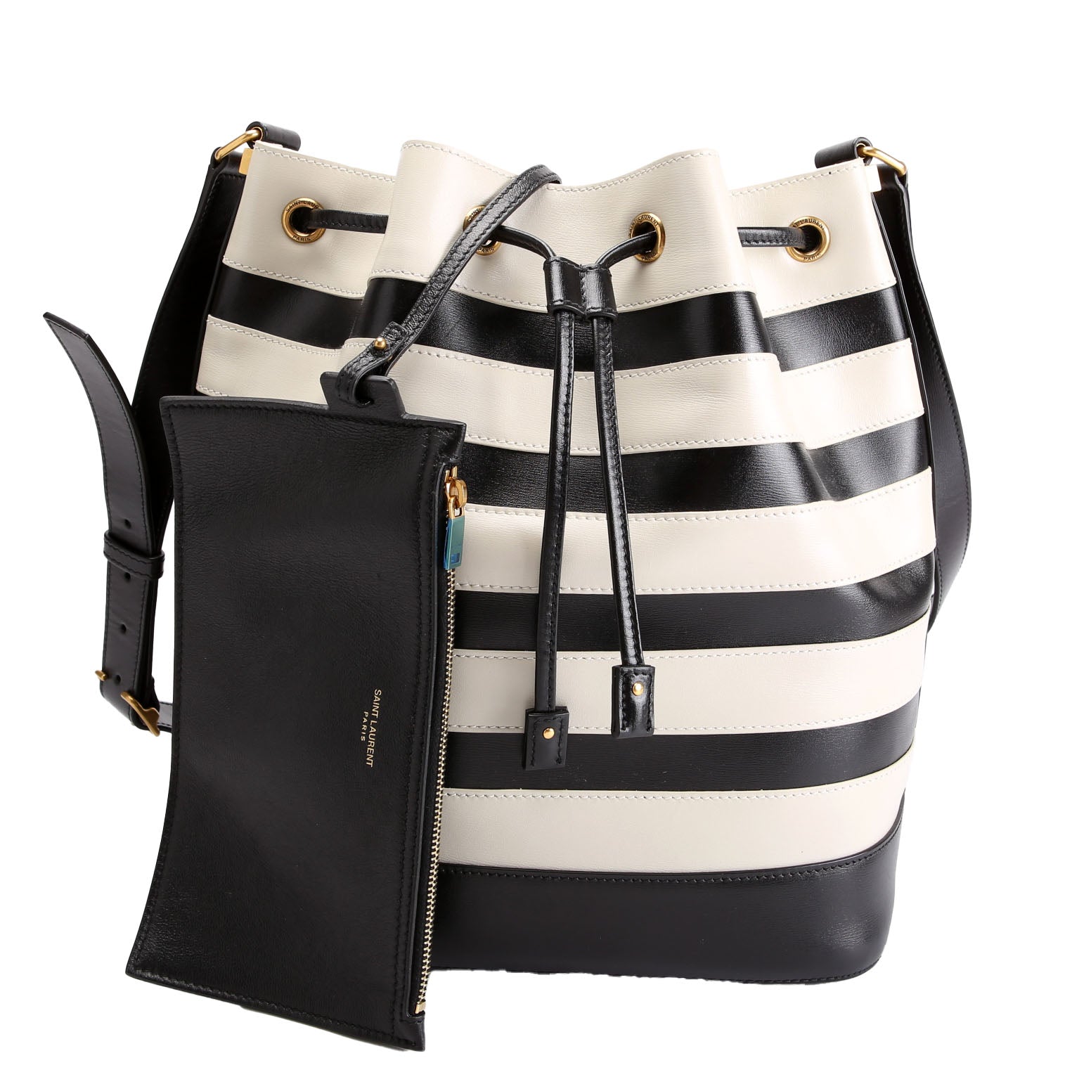 SAINT LAURENT 568606 Seau Stripe Calfskin Bucket Bag Black/white