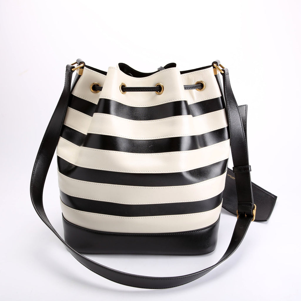 SAINT LAURENT 568606 Seau Stripe Calfskin Bucket Bag Black/white