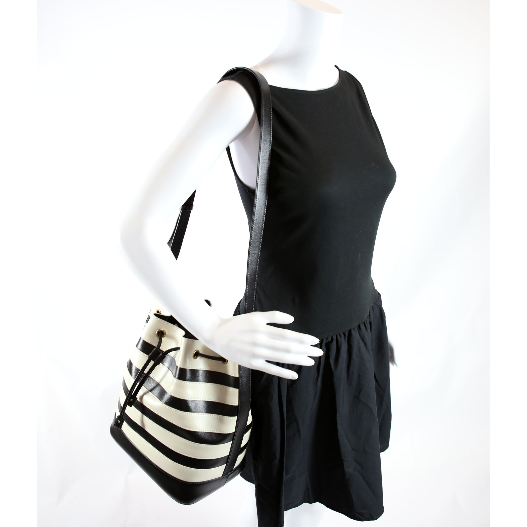 SAINT LAURENT 568606 Seau Stripe Calfskin Bucket Bag Black/white