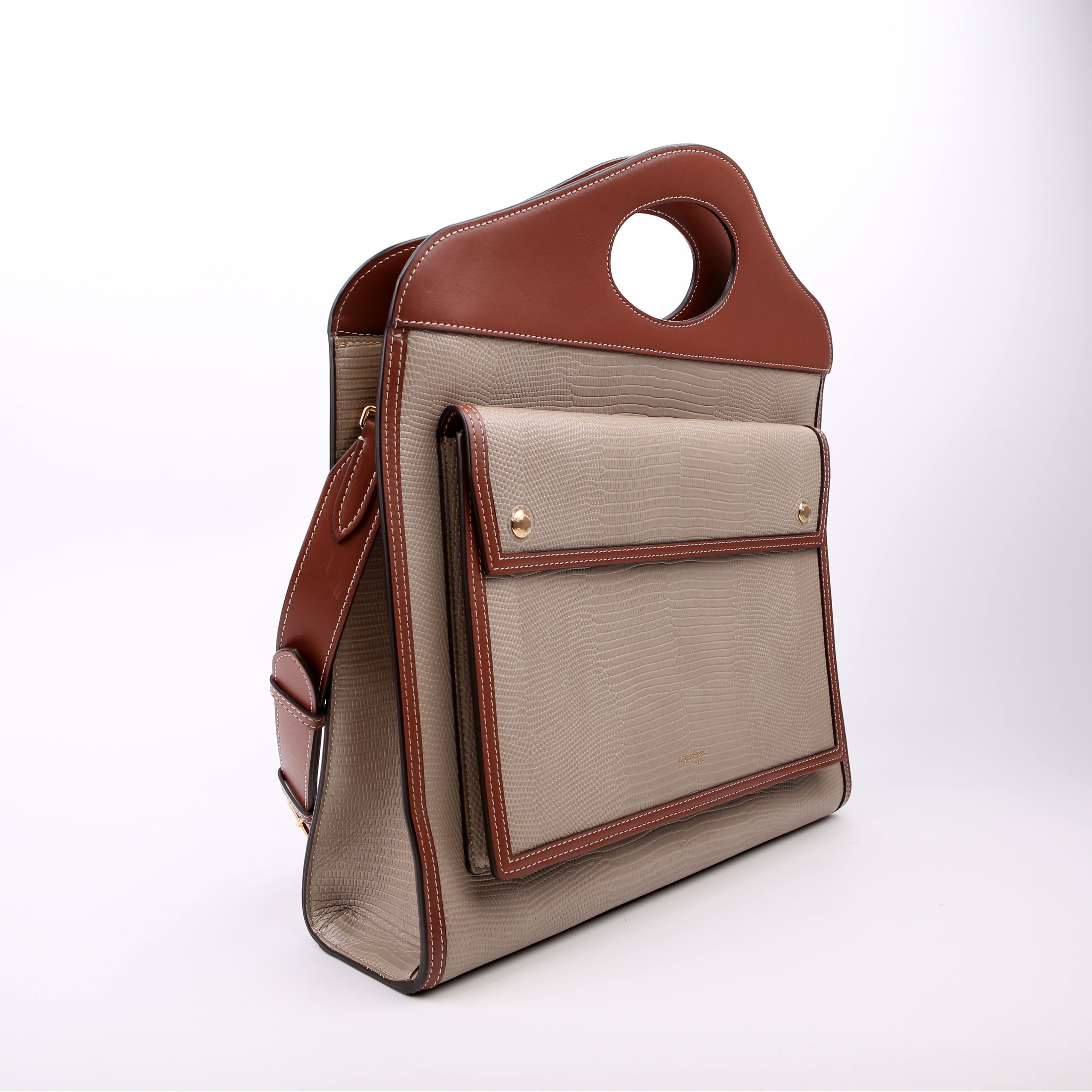 Pocket Tote Medium Lizard Embossed Beige