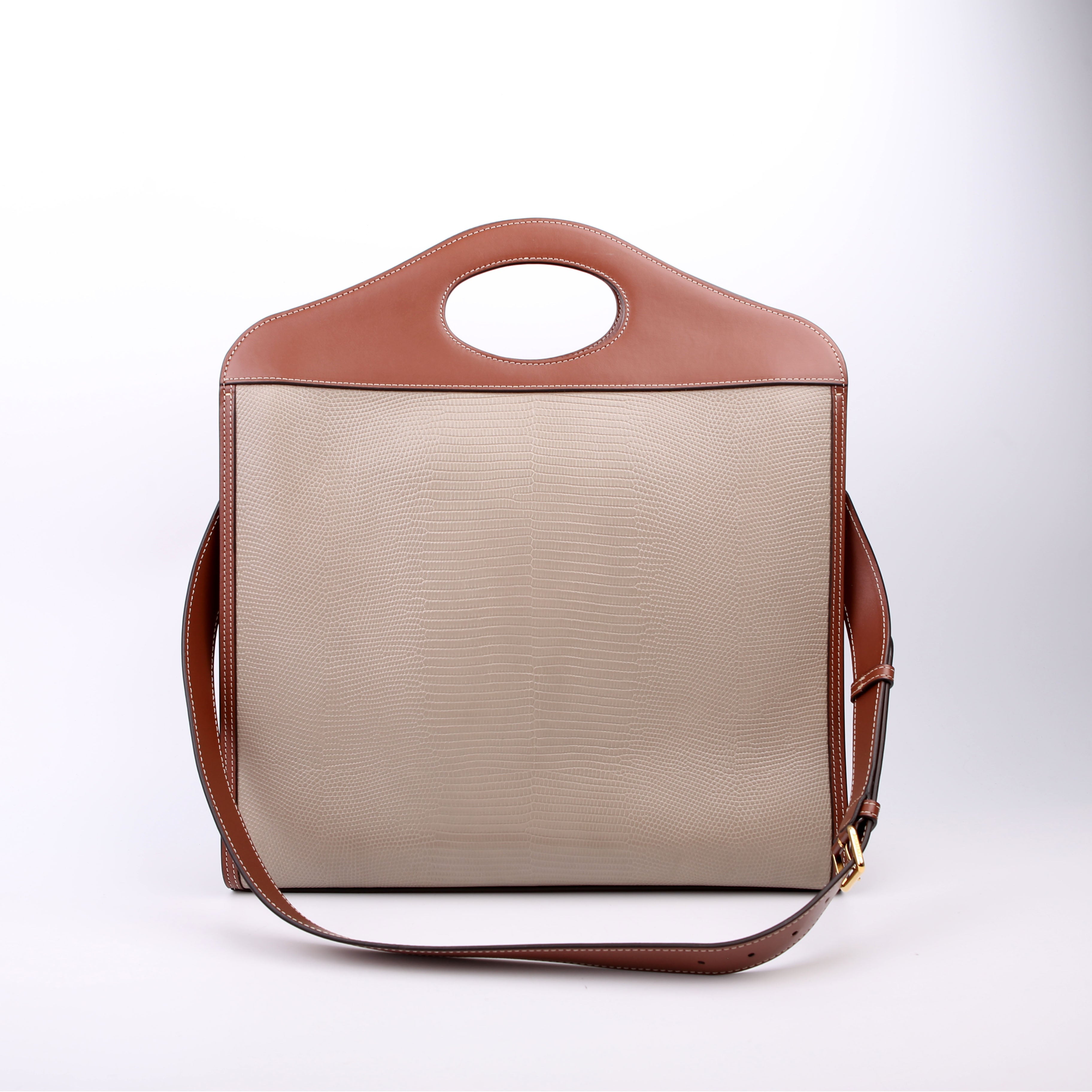 Pocket Tote Medium Lizard Embossed Beige