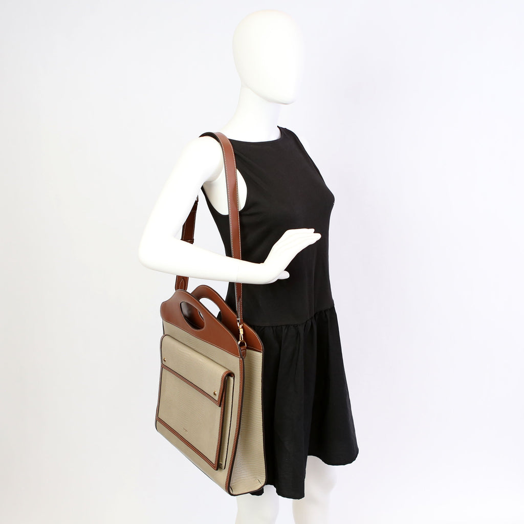 Pocket Tote Medium Lizard Embossed Beige