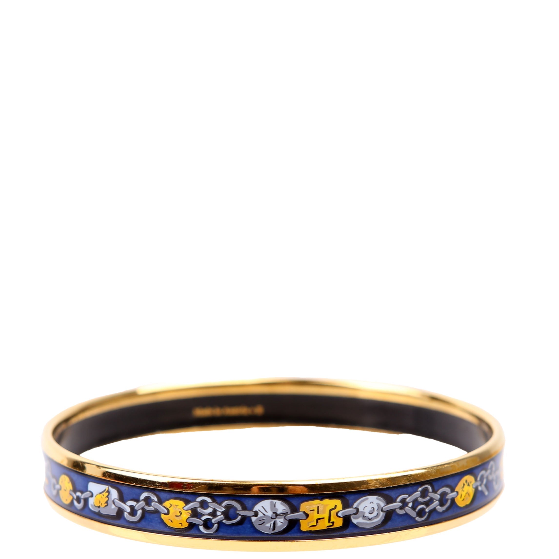 Hermes Printed Enamel Narrow Bangle Bracelet Blue/Gold