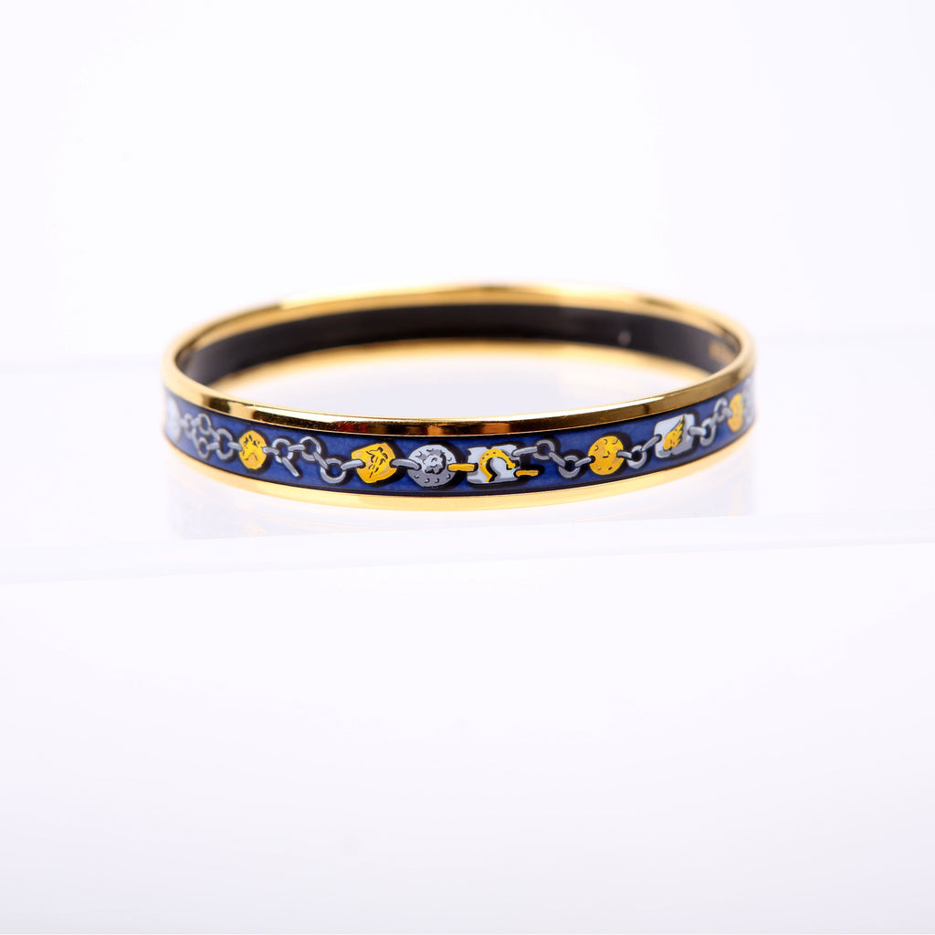 Hermes Printed Enamel Narrow Bangle Bracelet Blue/Gold