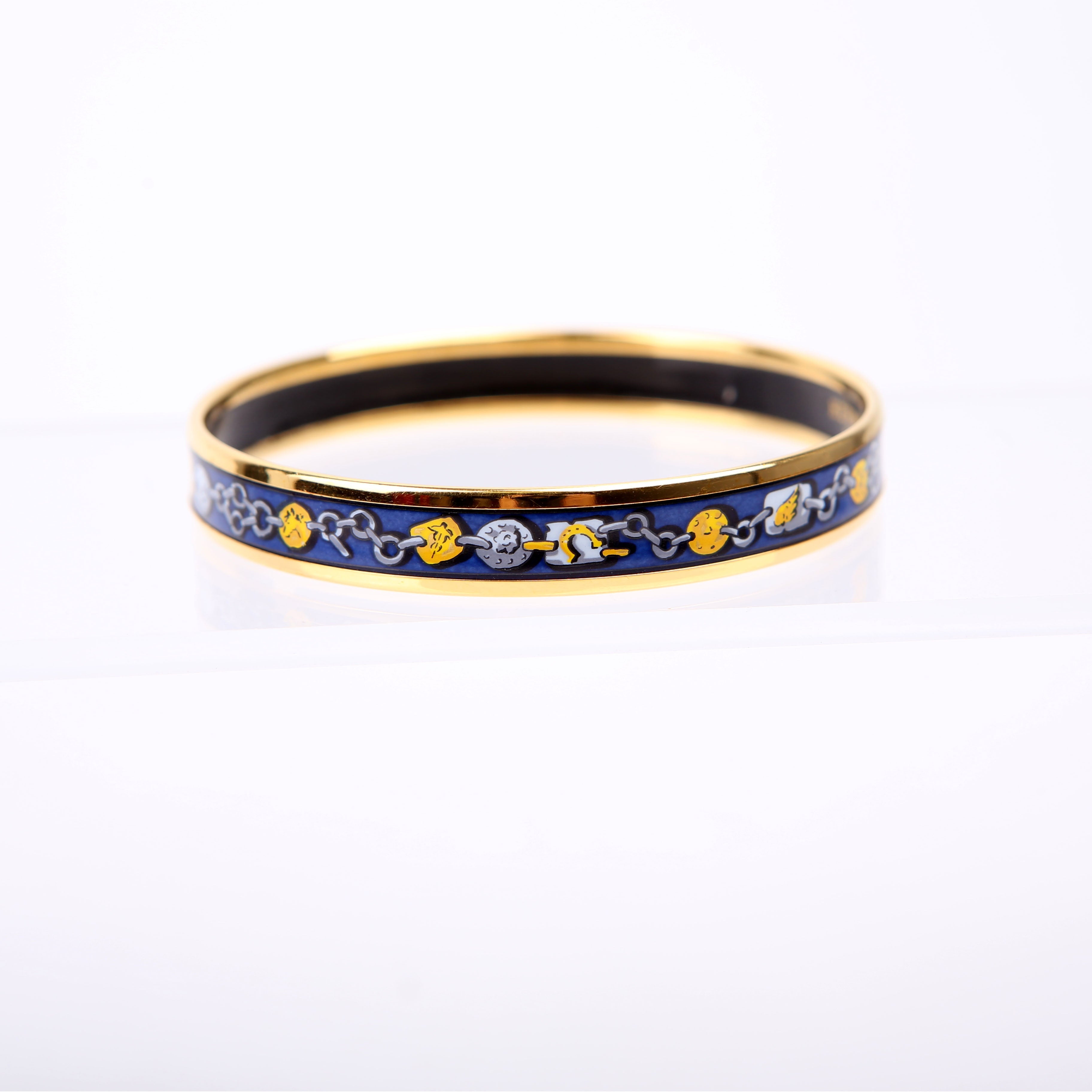 Hermes Printed Enamel Narrow Bangle Bracelet Blue/Gold