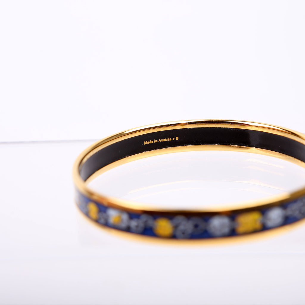 Hermes Printed Enamel Narrow Bangle Bracelet Blue/Gold