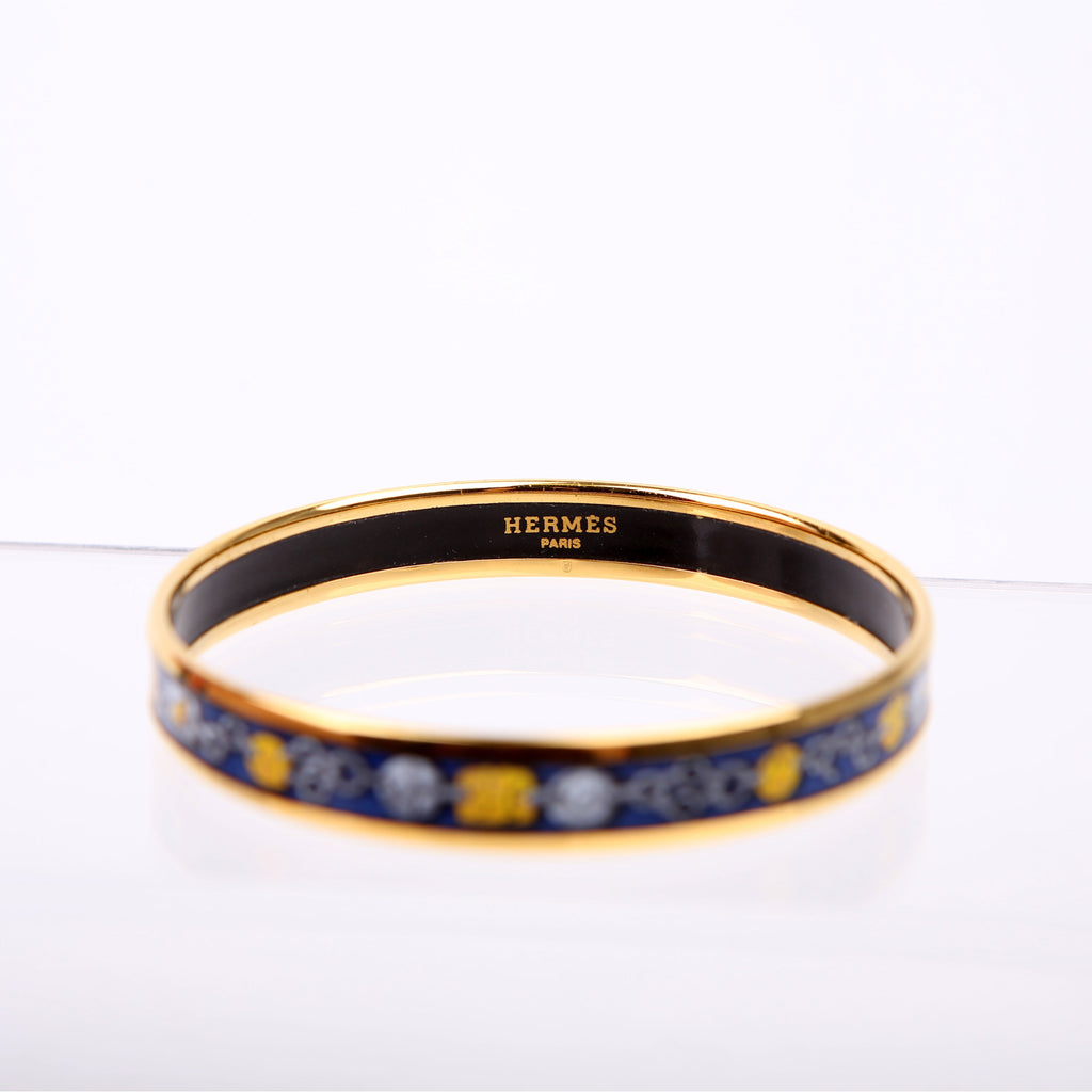 Hermes Printed Enamel Narrow Bangle Bracelet Blue/Gold