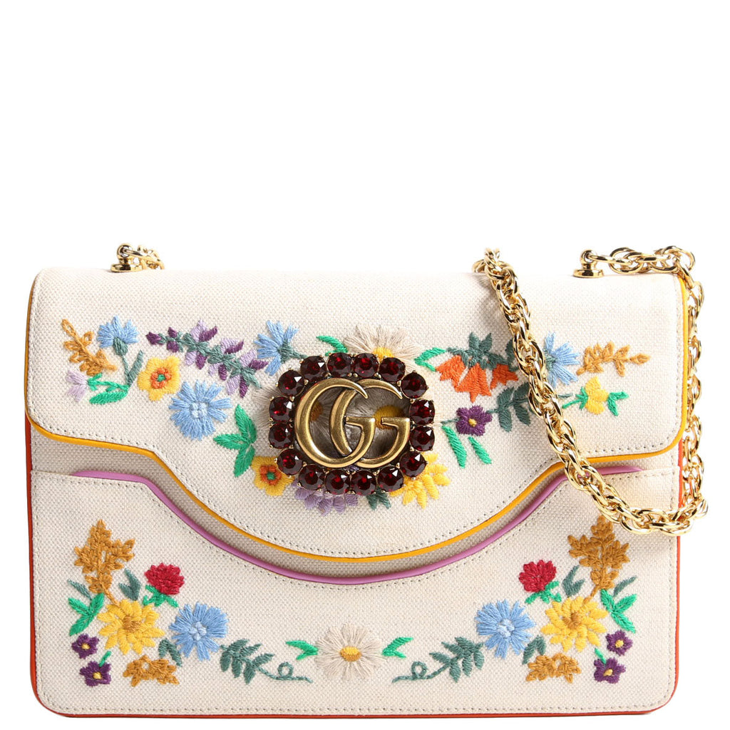 Gucci 499617 Linen Ricami Floral Embellished Shoulder Bag