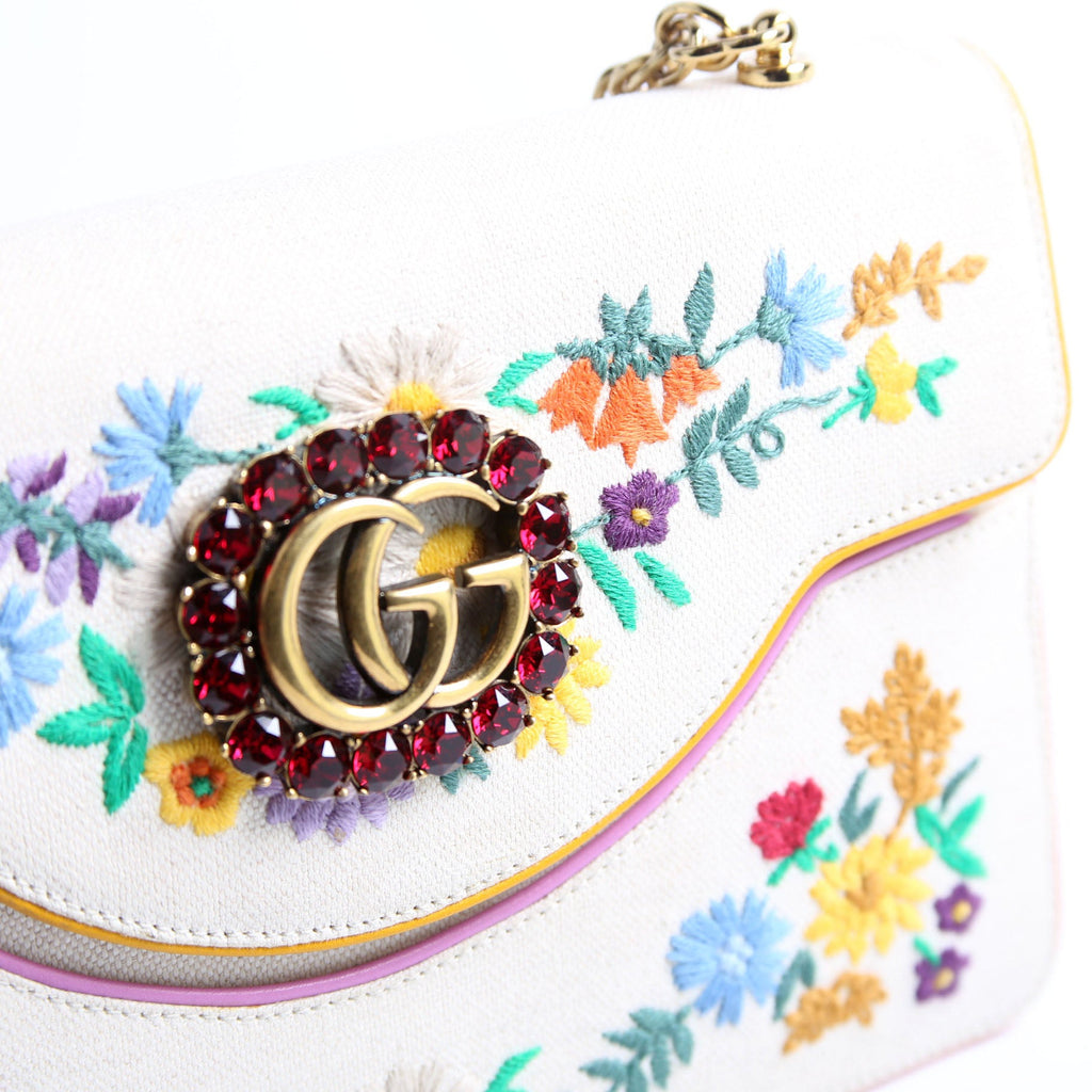 Gucci 499617 Linen Ricami Floral Embellished Shoulder Bag