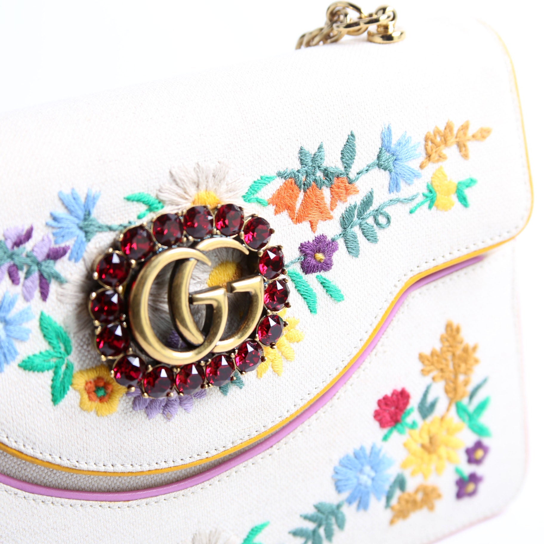 Gucci 499617 Linen Ricami Floral Embellished Shoulder Bag