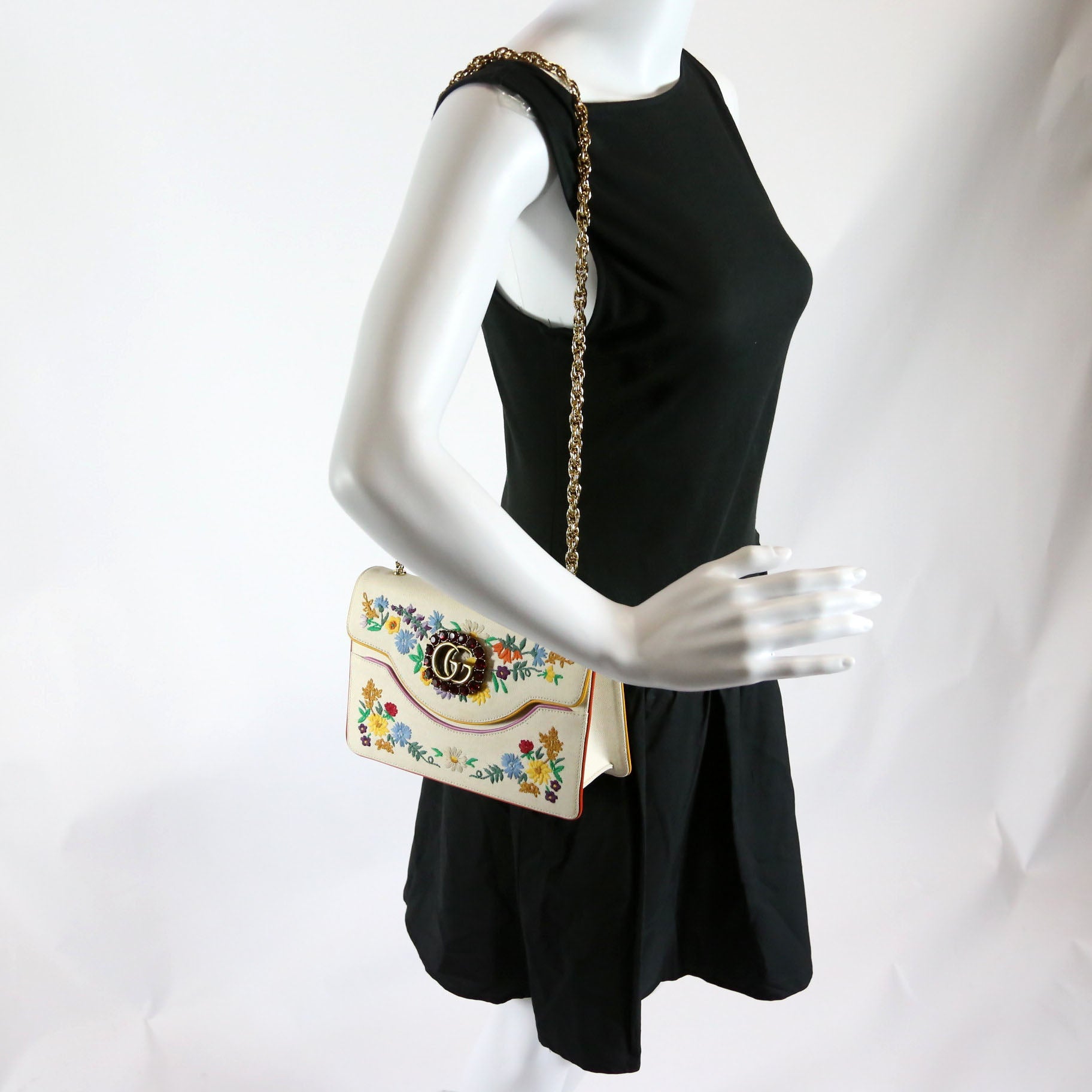 Gucci 499617 Linen Ricami Floral Embellished Shoulder Bag