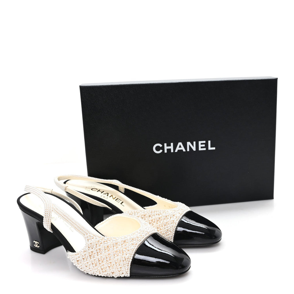 Pearl Patent Cap Toe CC Slingback Pumps 37 Ivory Black