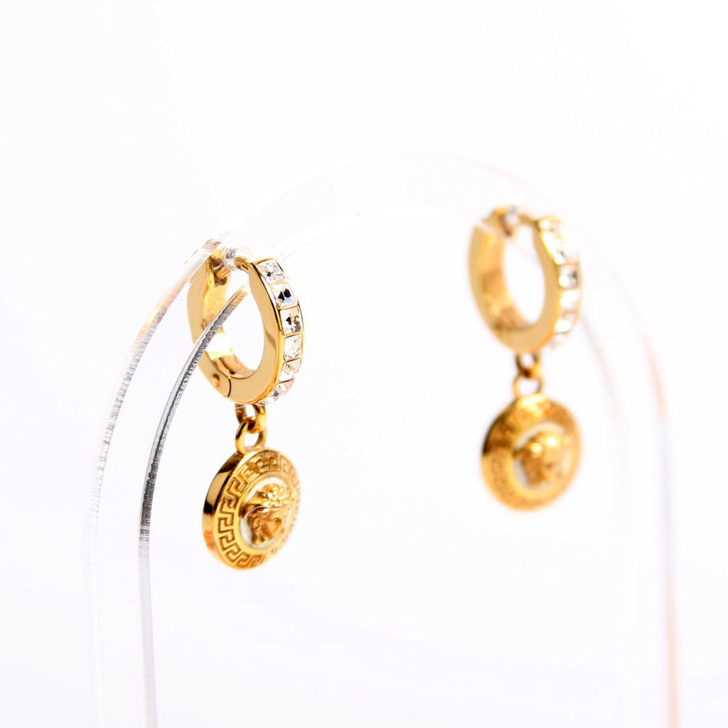 Medusa Strass Drop Hoop Earrings Gold