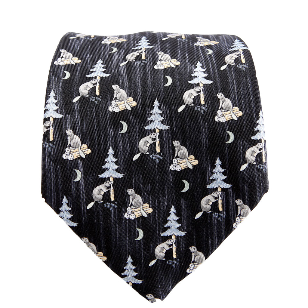 Printed Silk Beaver Tie Navy