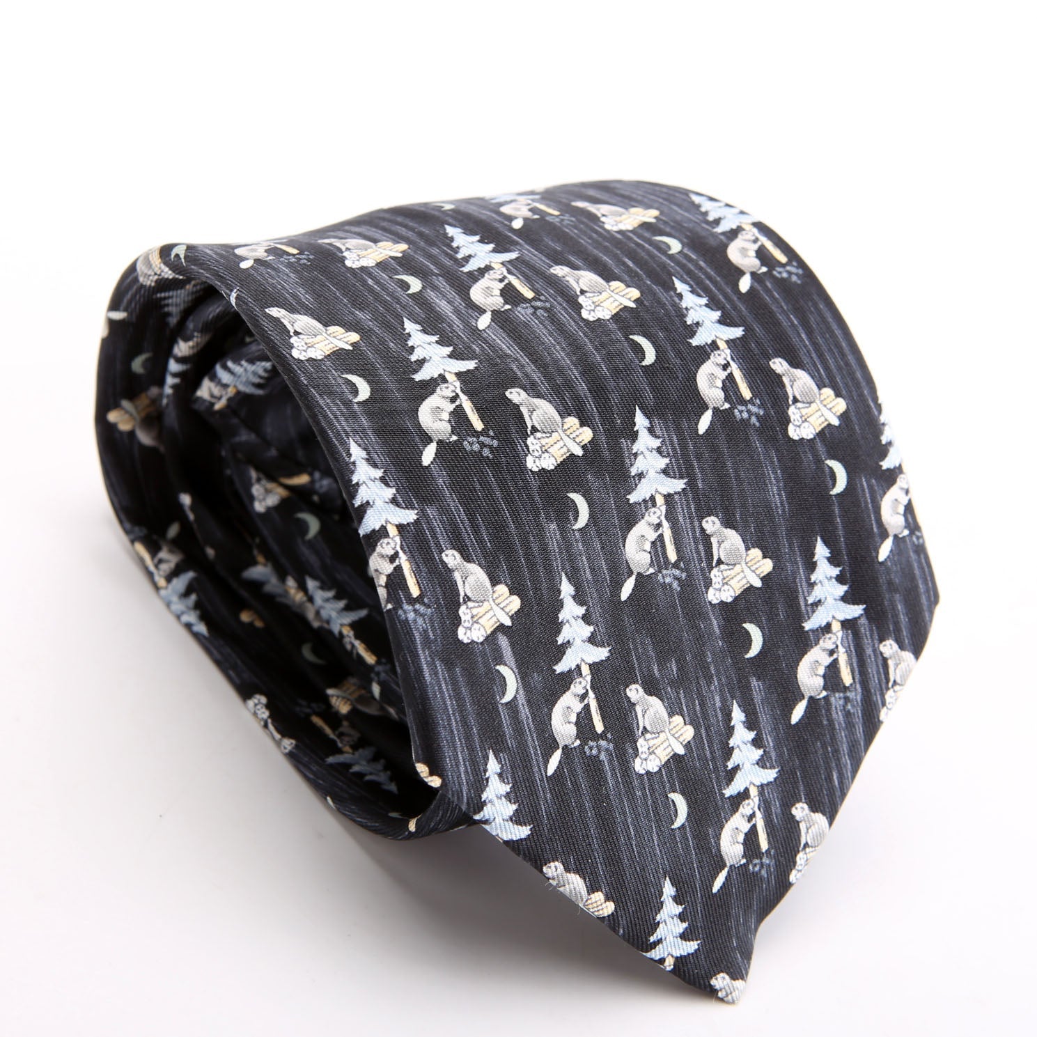 Printed Silk Beaver Tie Navy