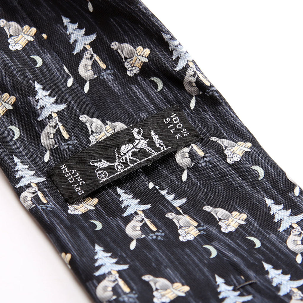 Printed Silk Beaver Tie Navy