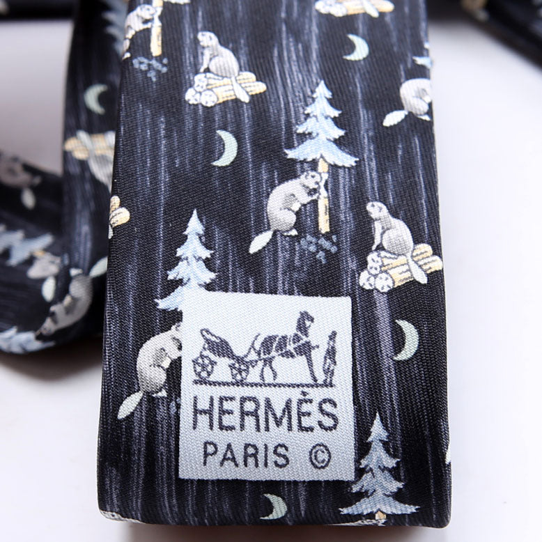 Printed Silk Beaver Tie Navy