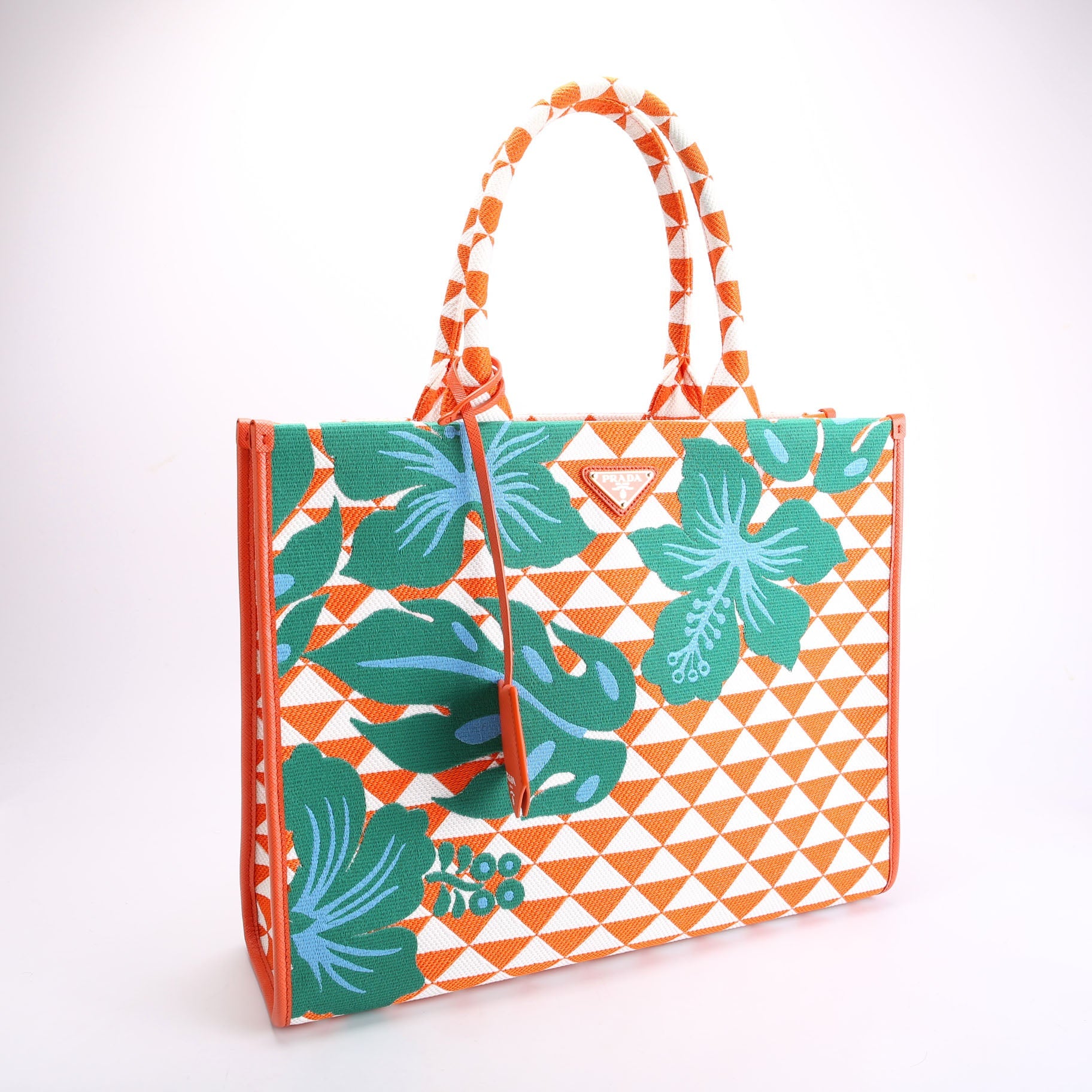 Prada 1BA356 Symbole Embroidered Tote Orange/White