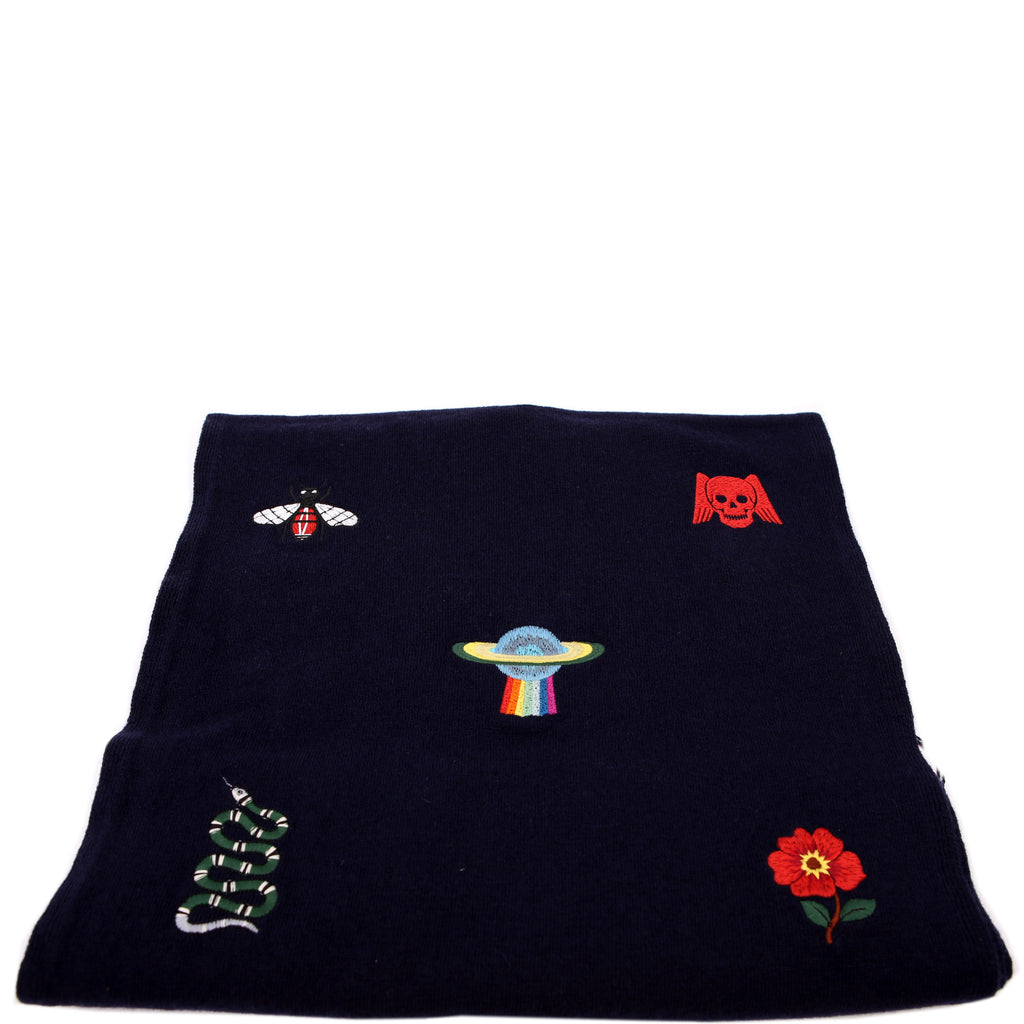 Embroidered Logos Wool Scarf Navy