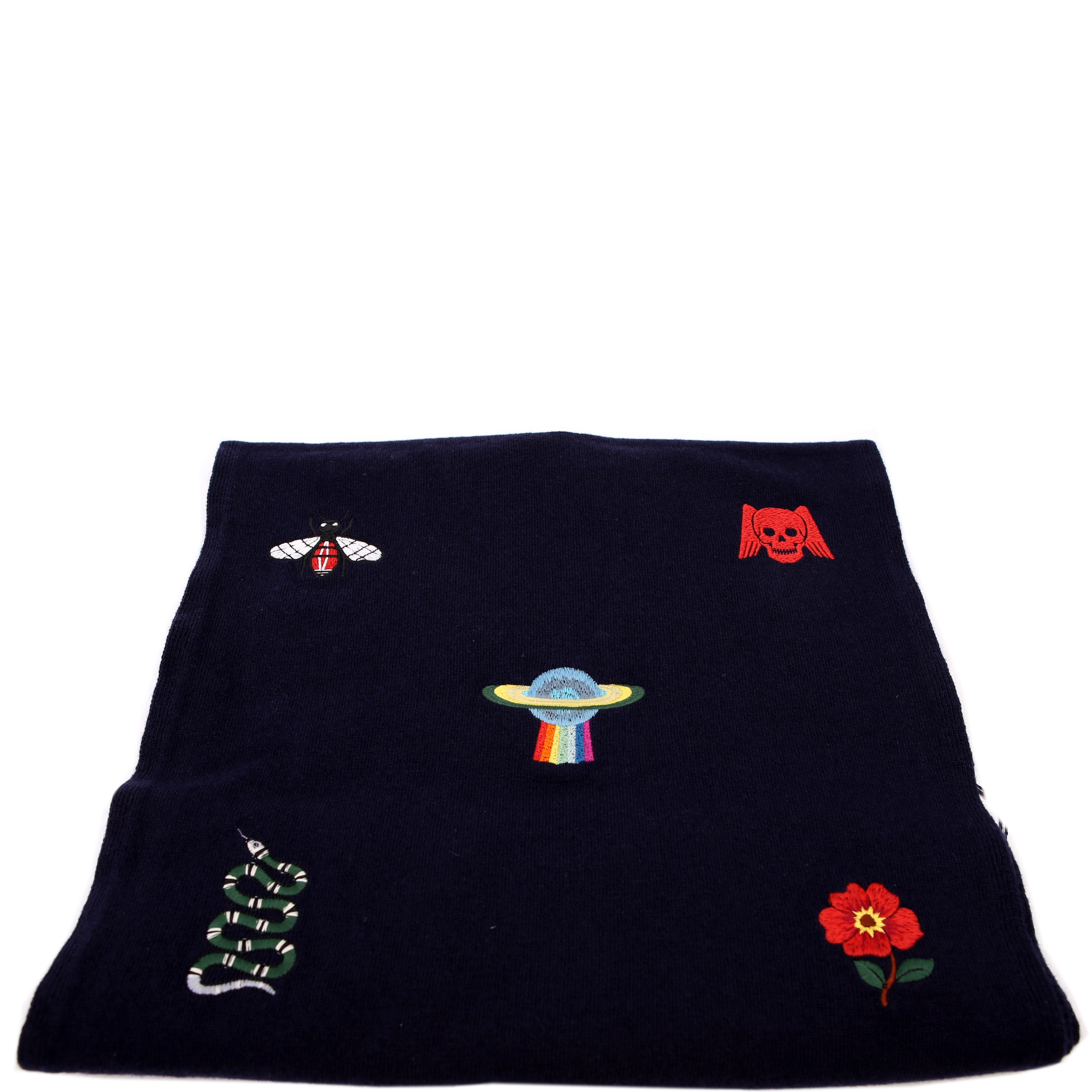 Embroidered Logos Wool Scarf Navy