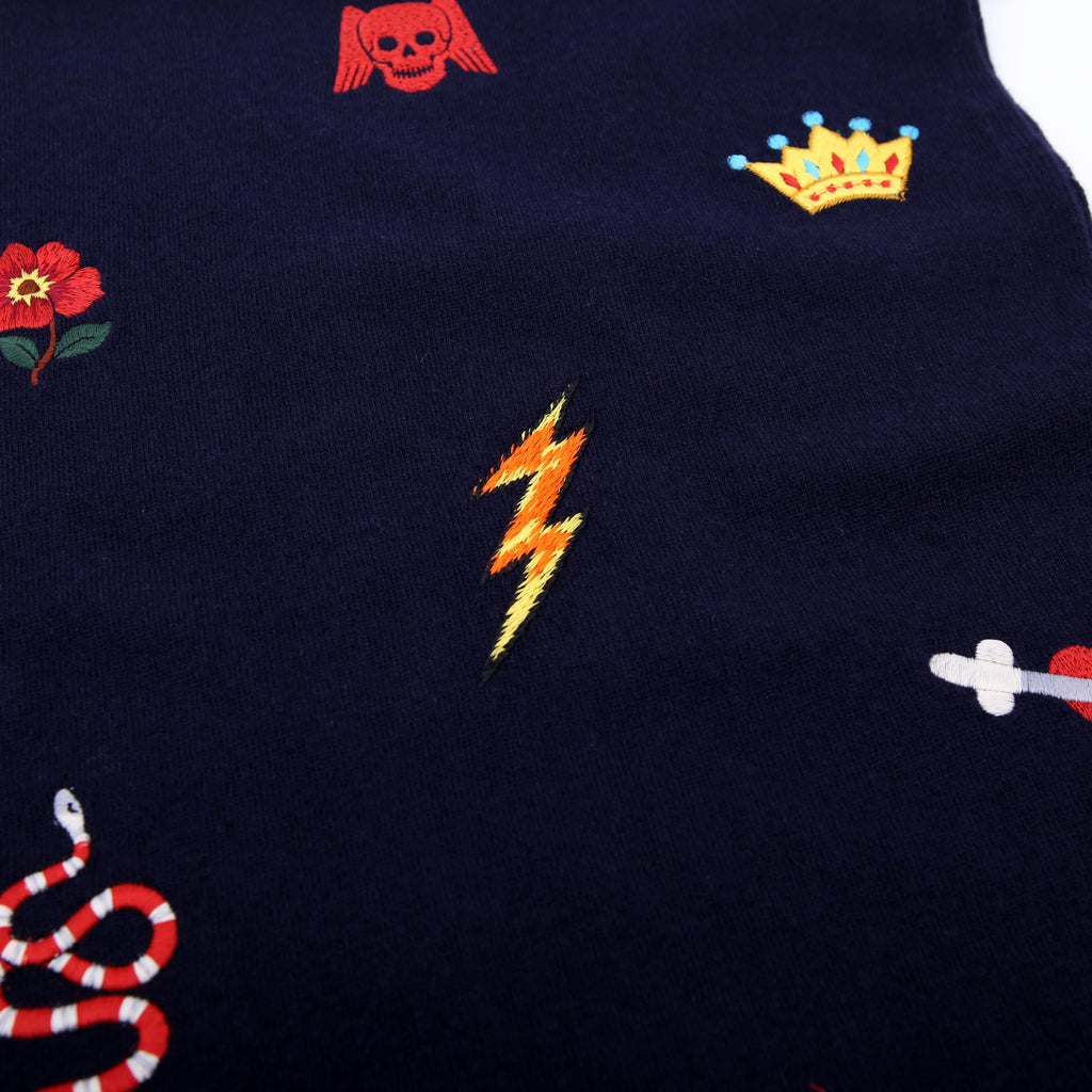 Embroidered Logos Wool Scarf Navy