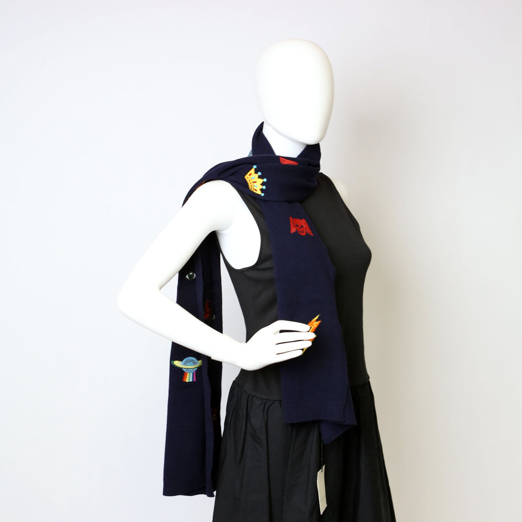 Embroidered Logos Wool Scarf Navy