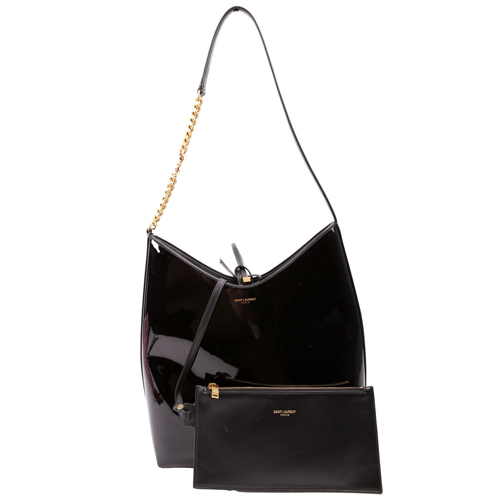 SAINT LAURENT Rendez-Vous Patent Calfskin Hobo Black