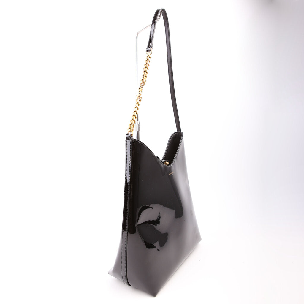 SAINT LAURENT Rendez-Vous Patent Calfskin Hobo Black