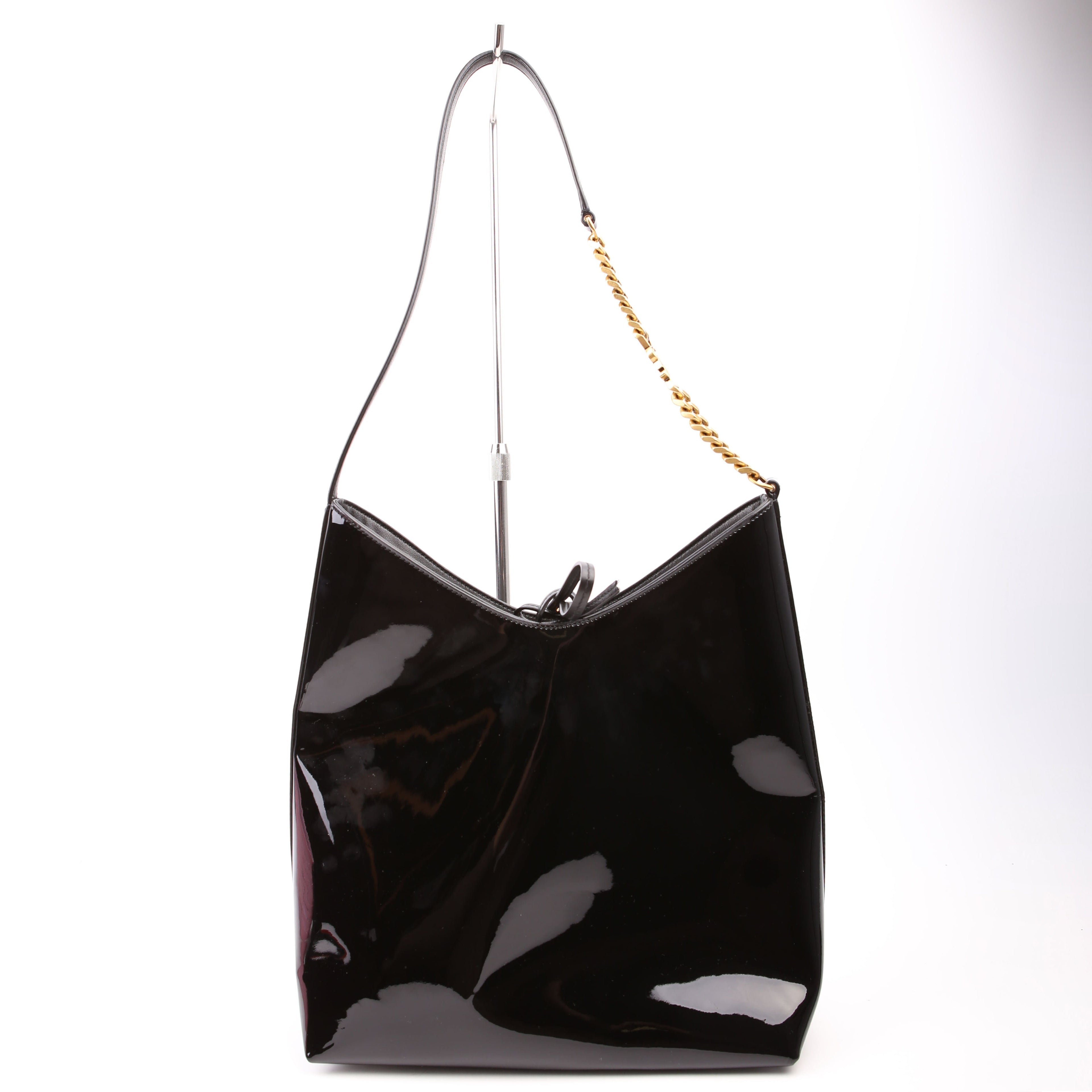 SAINT LAURENT Rendez-Vous Patent Calfskin Hobo Black